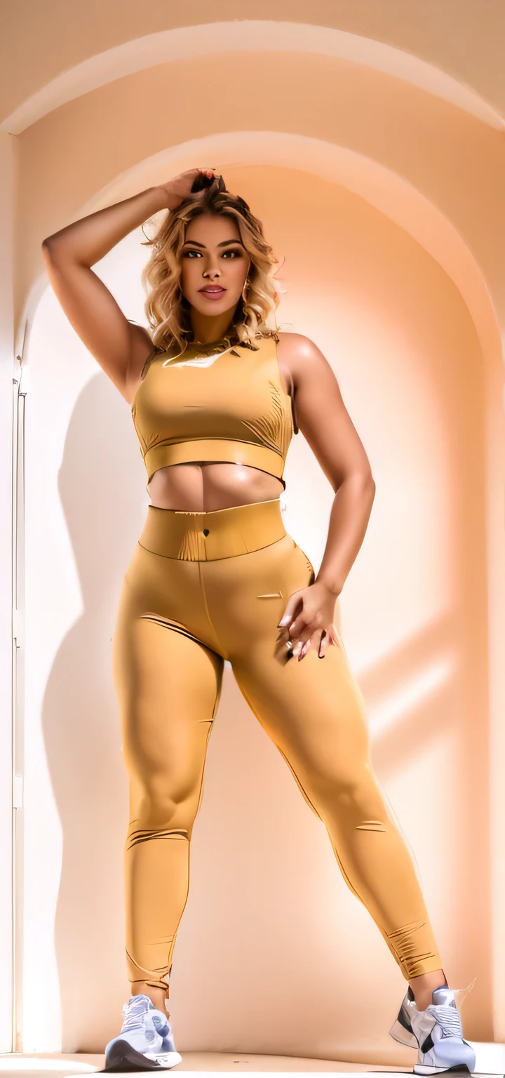 araffe woman in a tan sports suit in chiffon transparent posing for a picture, thicc, lorena avarez, tight outfit, two piece workout clothes, cottagecore!! fitness body, fit curvy physique, fit, women full body, toned shape, tight attire, fit woman, toned, full body picture, fit body, olga buzova, cl