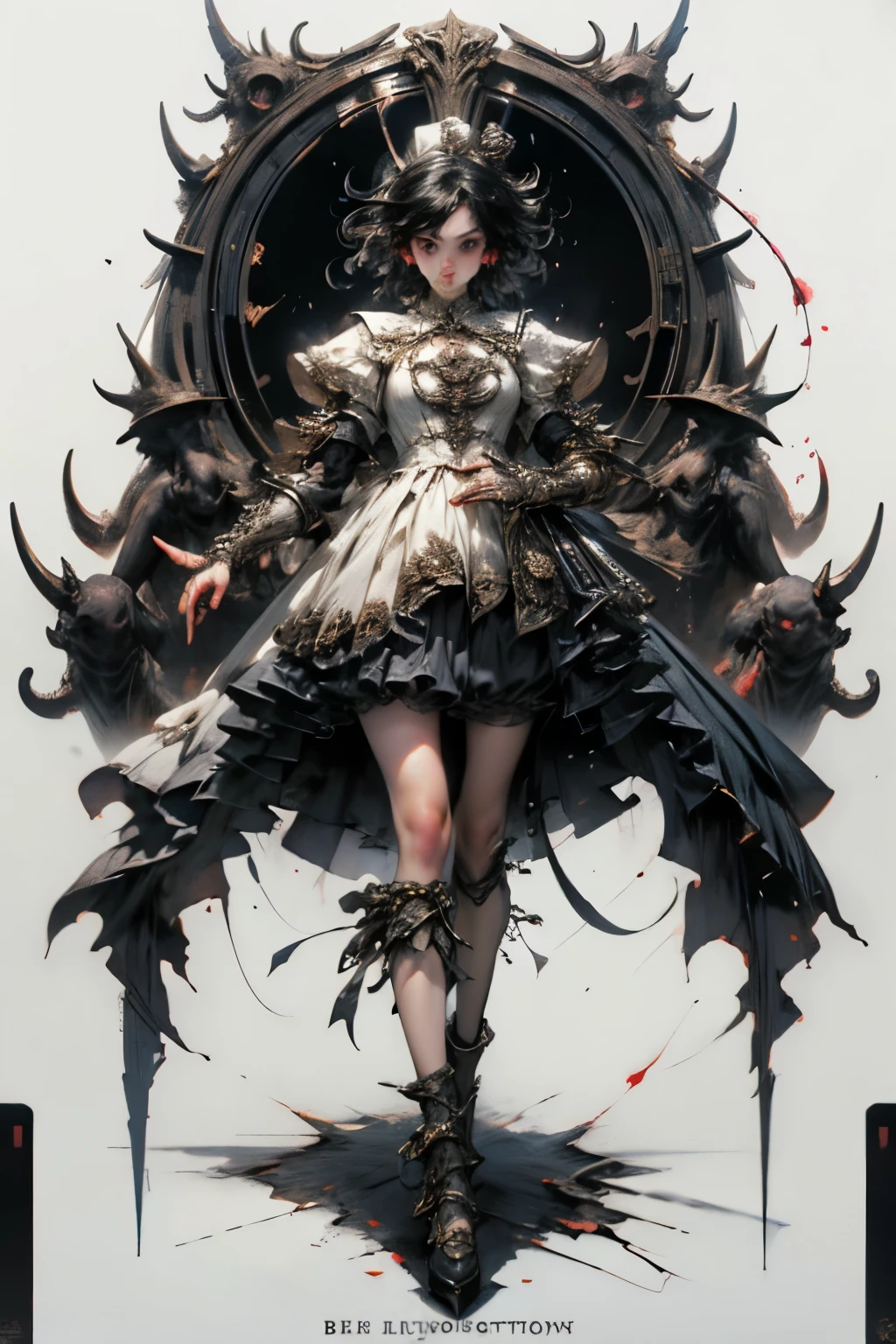 ((best quality)), ((masterpiece)), (detailed), perfect face ((best quality)), ((masterpiece)), (detailed), blank white background, plain background, white background, Bloodborne inspired, occult aesthetic, occult, detailed and intricate steampunk and detailed gothic, (zentangle, mandala, tangle, entangle), NSFW, torn clothing, Very dramatic and cinematic lighting, cosmic horror, grim-dark, side-lighting, perfect face, a beautiful goddess adorned and enshrined in armour, Bloodborne inspired , occult aesthetic , occult , detailed and intricate steampunk and detailed gothic , wielding a sword and holding a shield, NSFW, Fluttering lace flared short dress with frilly petticoats, knee length dress, pleated petticoats, lolita dress, petticoats gothic lolita, side-lighting, gothic lolita aesthetic, beautiful small breasts, small breasts, full body, whole body, body, plain background, white background, blank background, no background, white background NSFW, full body, whole body, head-to-toe