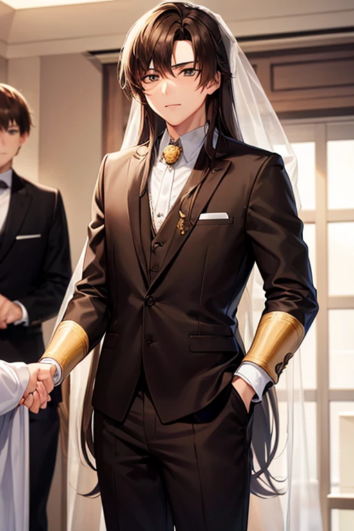 a 20 year old boy with long brown hair (standing) (white suit) (getting married)