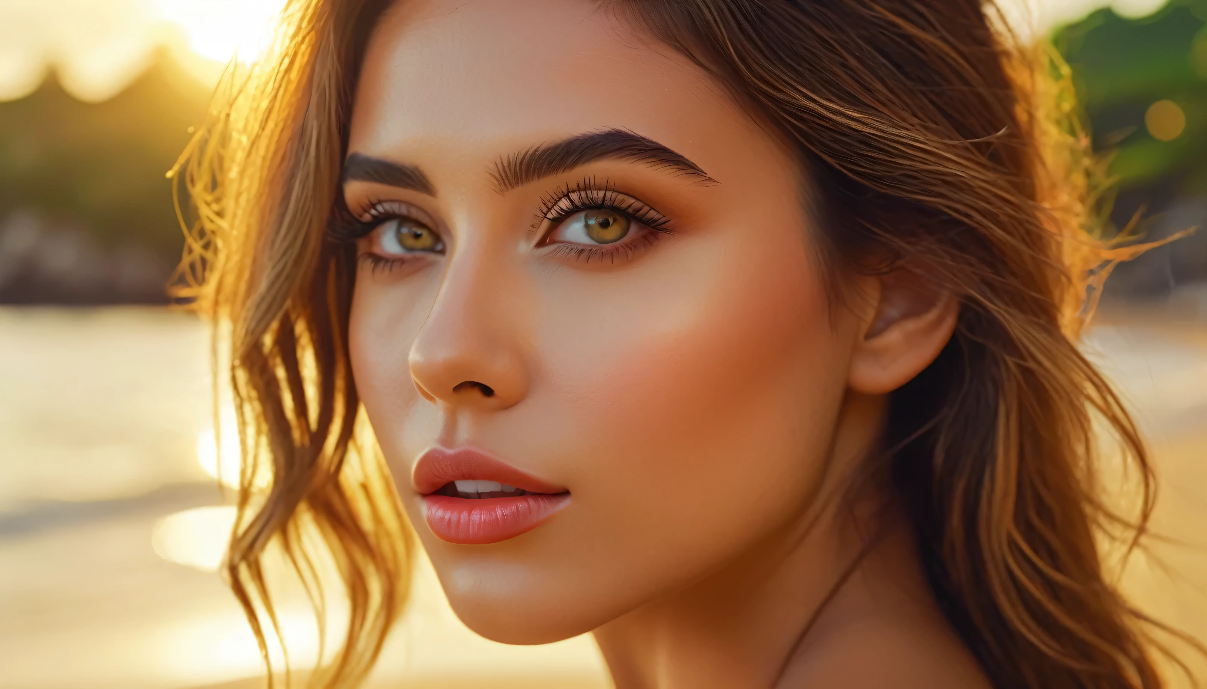 a beautiful girl in a tropical beach, romantic movie scene, detailed beautiful eyes, beautiful detailed lips, extremely detailed face and eyes, long eyelashes, cinematic lighting, vibrant colors, warm color tones, golden hour lighting, highly detailed, hyper realistic, 8k, photorealistic, masterpiece, studio lighting, vivid colors, cinematic composition, soft focus, depth of field