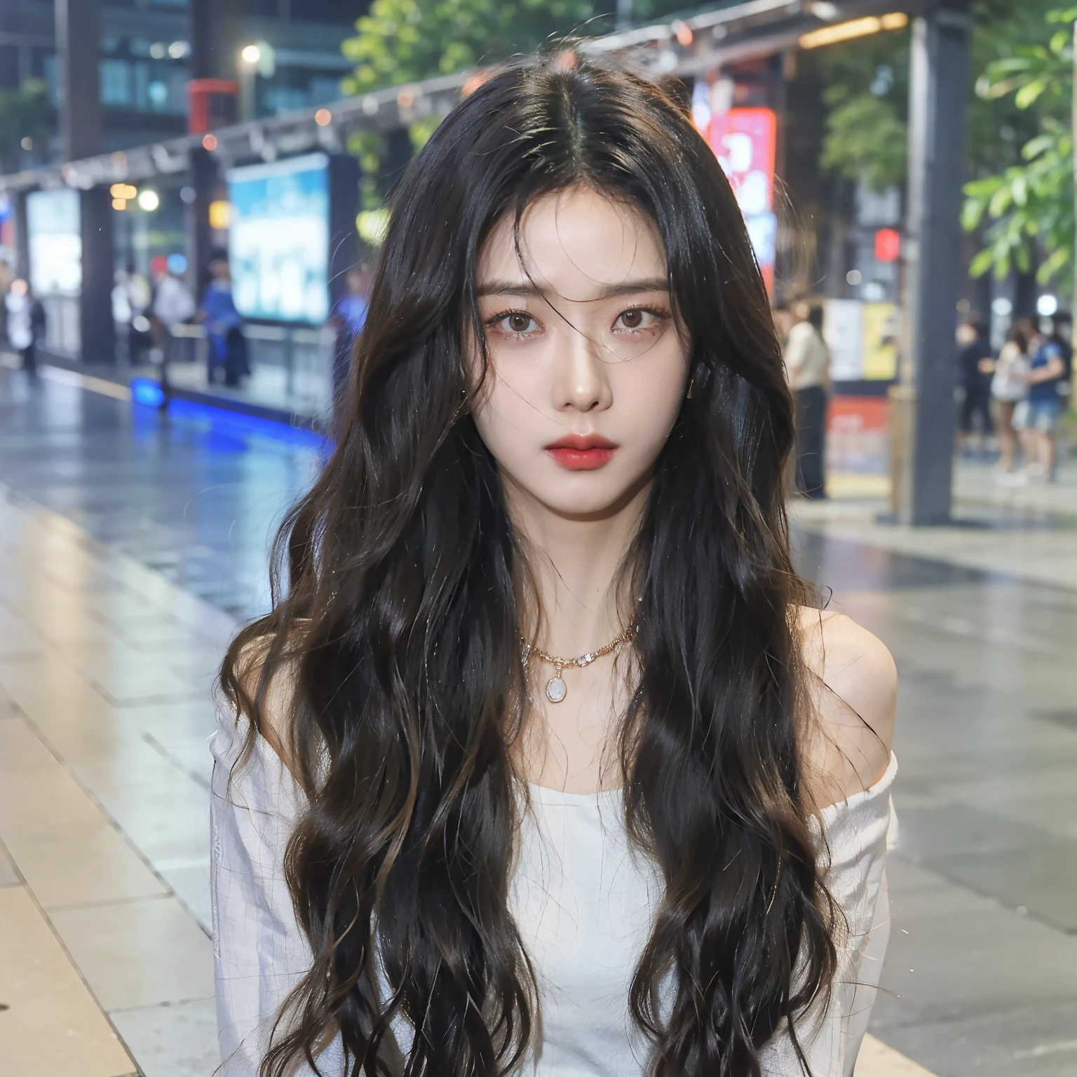 there is a woman long whitr hair standing on a sidewalk, Dark with long coiled hair, Dark with long coiled hair, long whitr hair, A vibrant, short dark curly hair, with long coiled hair, wavy shoulder-length hair, Blackwith long coiled hair, Urzans, Dynamic wavy hair, Dark with long coiled hair, loose wavy hair, Flowing long whitr hair, with long coiled hair，The hair color turns dark