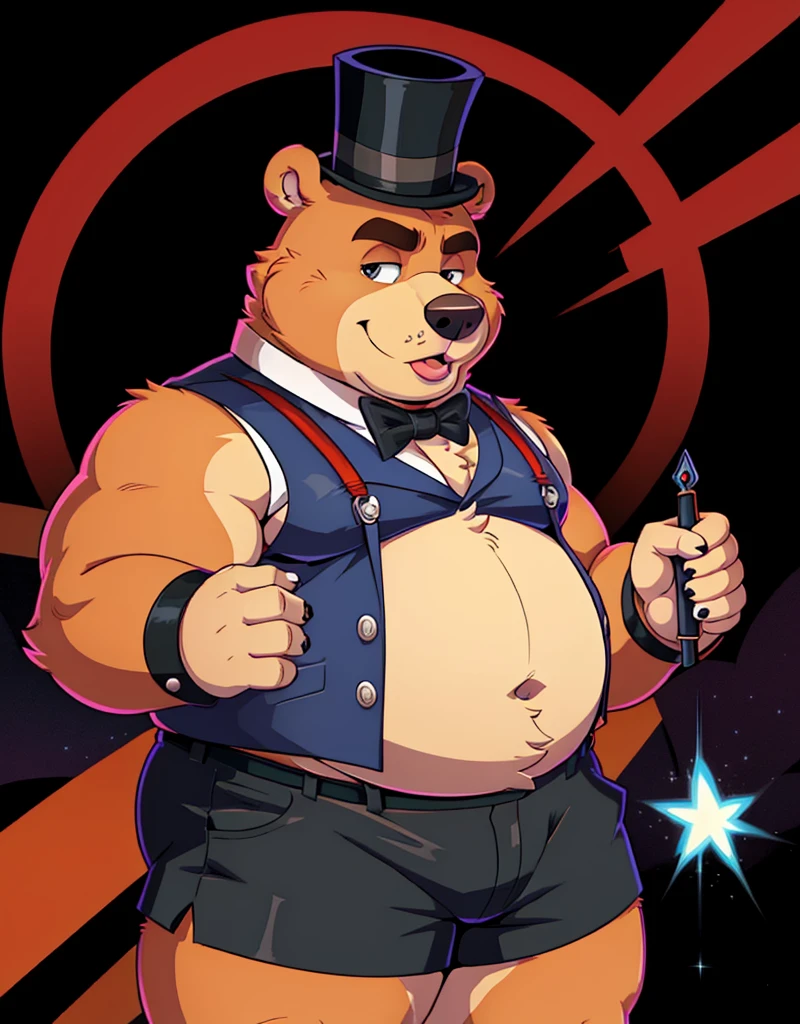 A red chubby male anthropomorphic bear wearing,a vest, short shorts, suspenders, top hat, bowtie and cuffs, holding a magical wand 