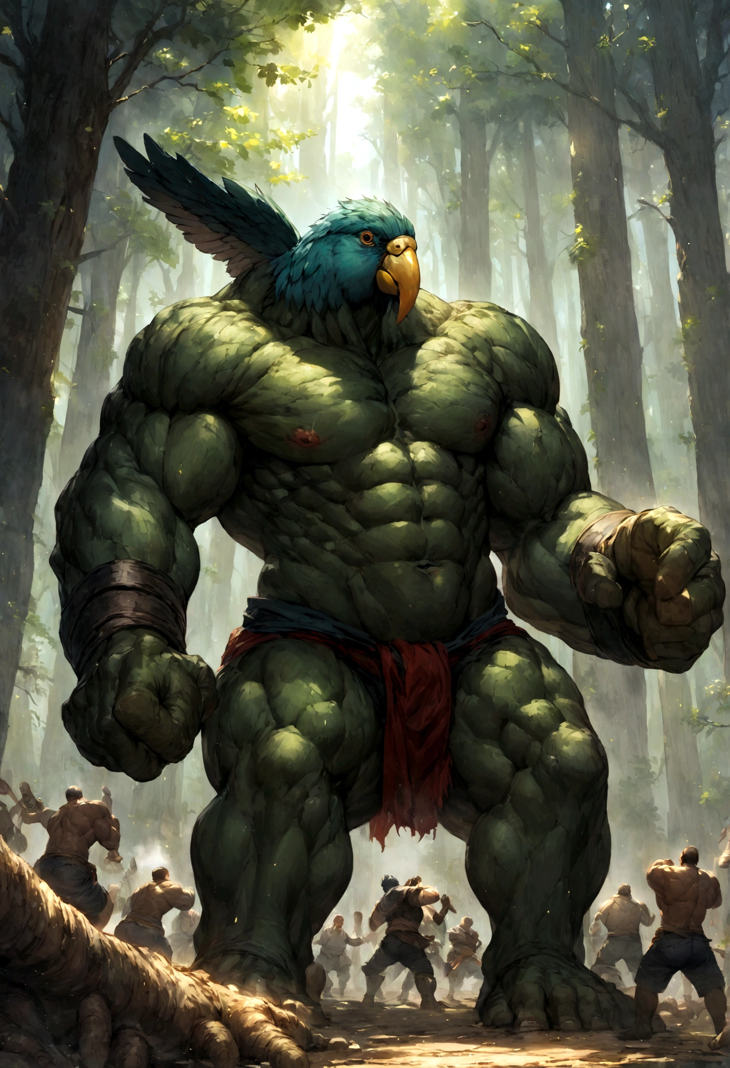 one giant muscular parrot fighting four men in the middle of a forest