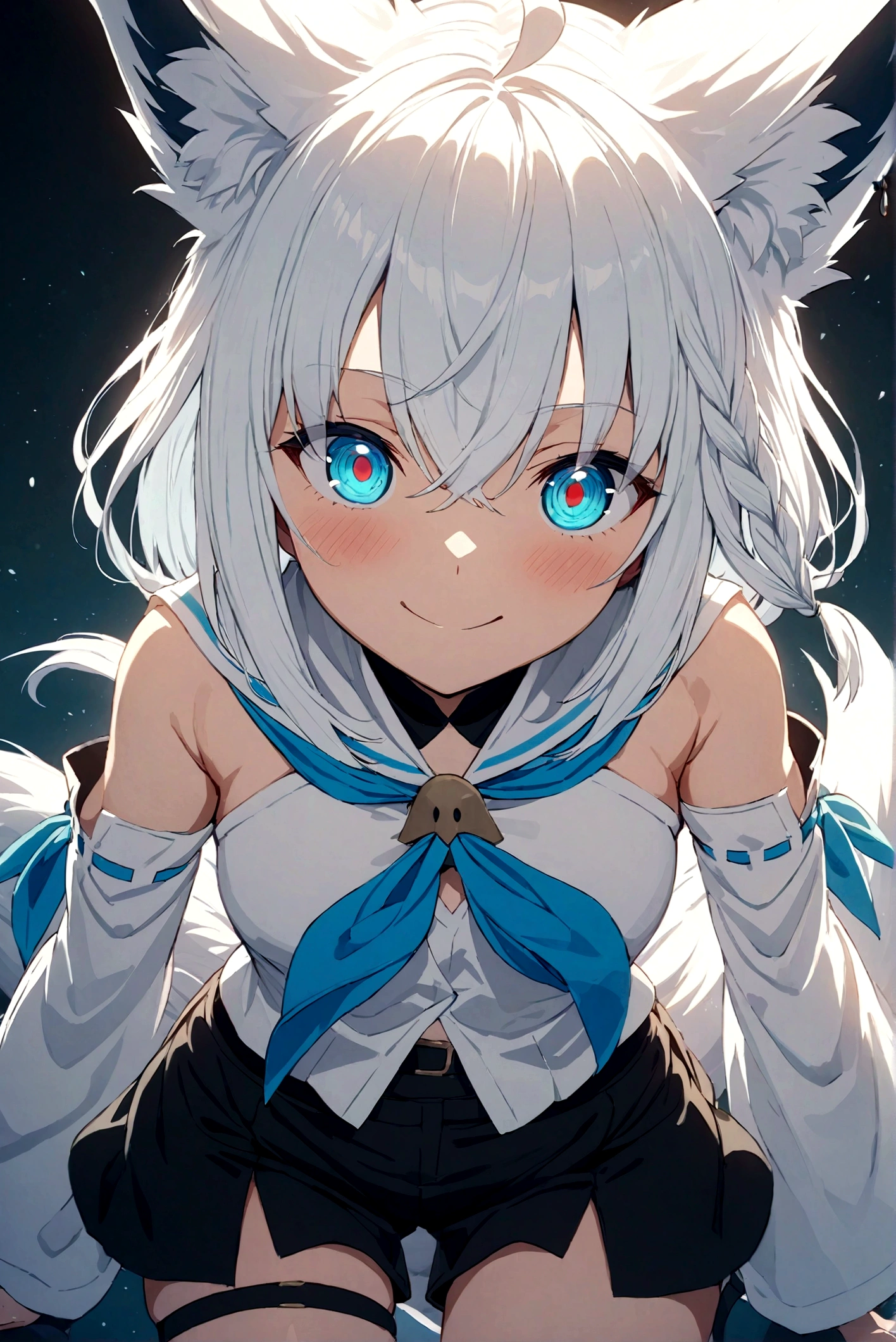 masterpiece, Best Quality, Anime, Highly detailed face, Highly detailed eyes, Highly detailed background, Perfect Lighting, fubuki_base, white blouse, detached sleeves, black shorts, blue neckerchief, thigh strap, single thighhigh, white hair, single side braid, ahoge, piercing, fox tail,smile