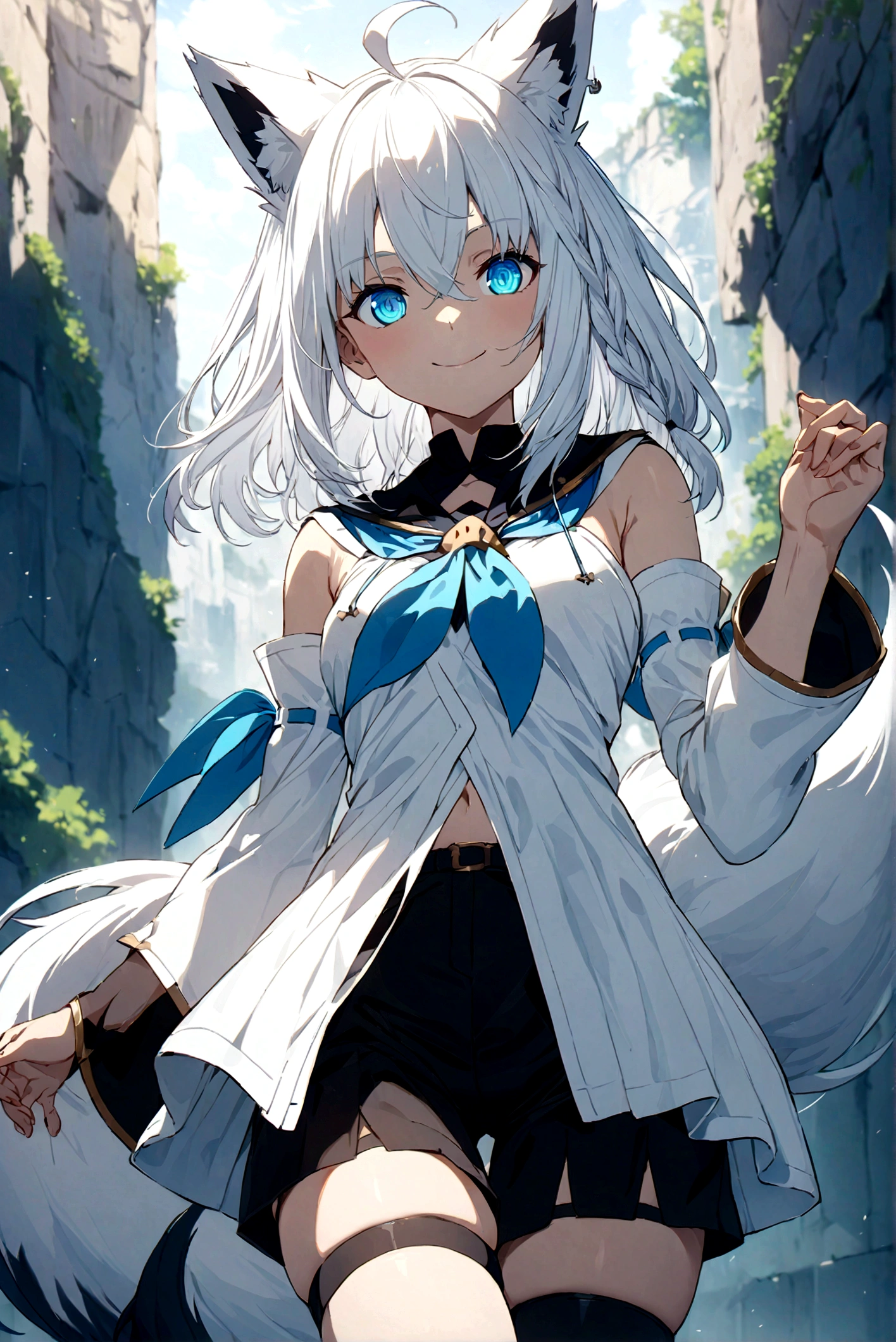 masterpiece, Best Quality, Anime, Highly detailed face, Highly detailed eyes, Highly detailed background, Perfect Lighting, fubuki_base, white blouse, detached sleeves, black shorts, blue neckerchief, thigh strap, single thighhigh, white hair, single side braid, ahoge, piercing, fox tail,smile