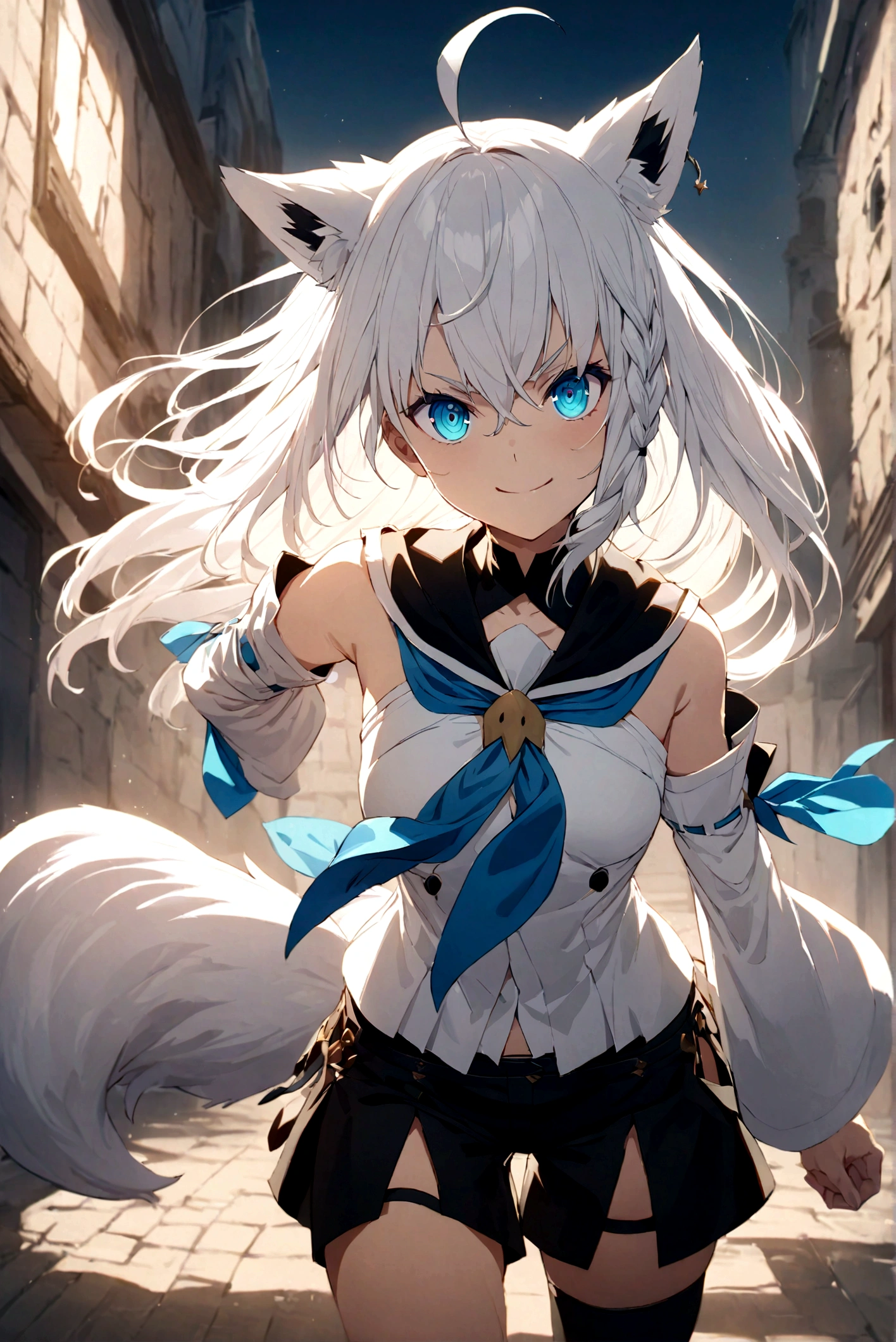 masterpiece, Best Quality, Anime, Highly detailed face, Highly detailed eyes, Highly detailed background, Perfect Lighting, fubuki_base, white blouse, detached sleeves, black shorts, blue neckerchief, thigh strap, single thighhigh, white hair, single side braid, ahoge, piercing, fox tail,smile