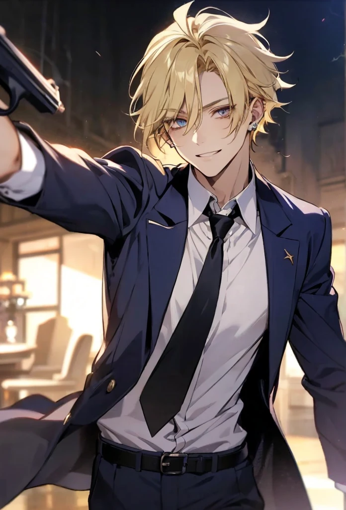 Masterpiece, absurdres, fine detail, HDR, solo, looking at viewer, smile, shirt, blonde hair, 1boy, hair between eyes, jewelry, jacket, golden eyes, upper body, male focus, earrings, necklace, ear piercing, FH , lightning mage, toned, lightning mage robe, electrical aura, early 20s,