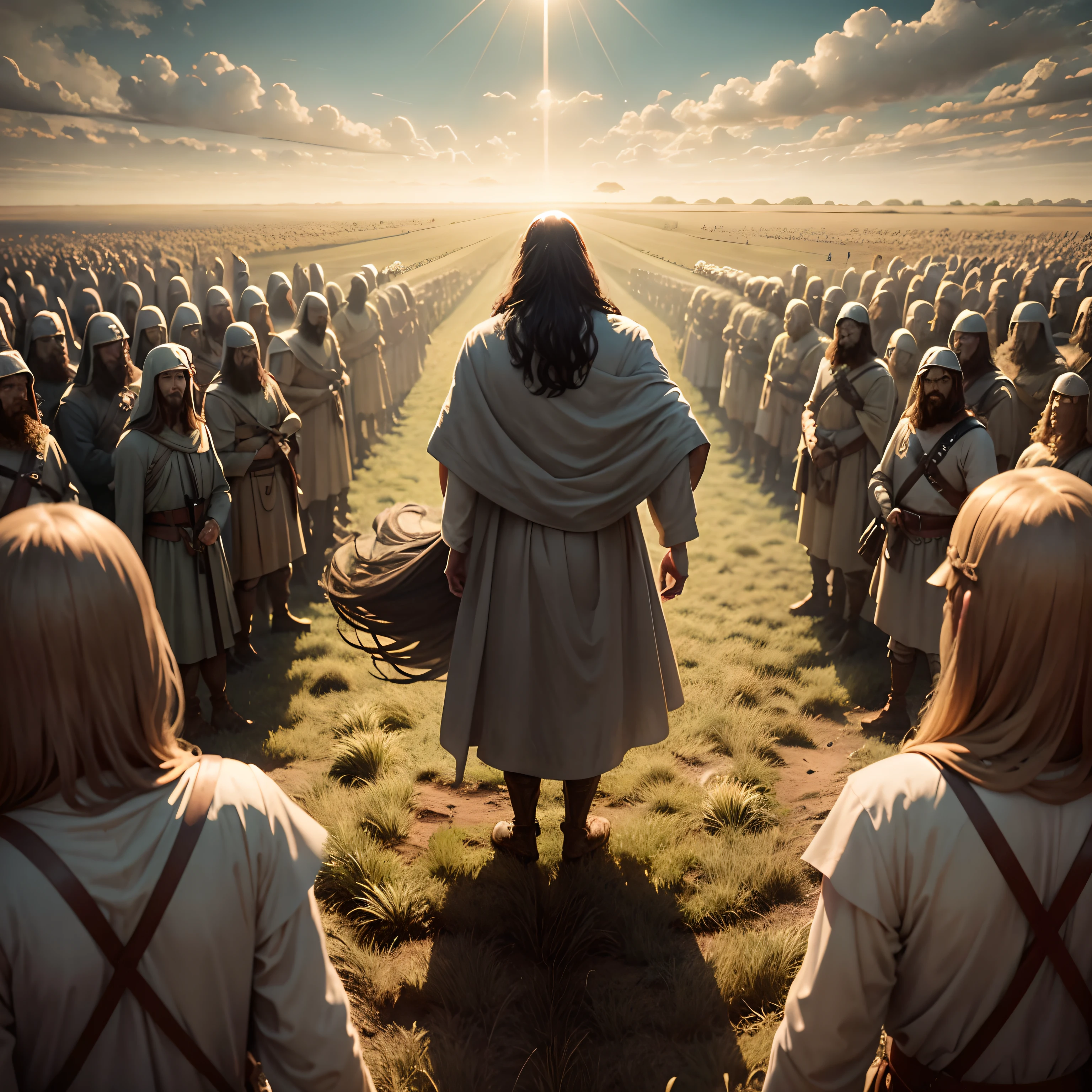 Jesus in front of a giant army in a field facing backwards