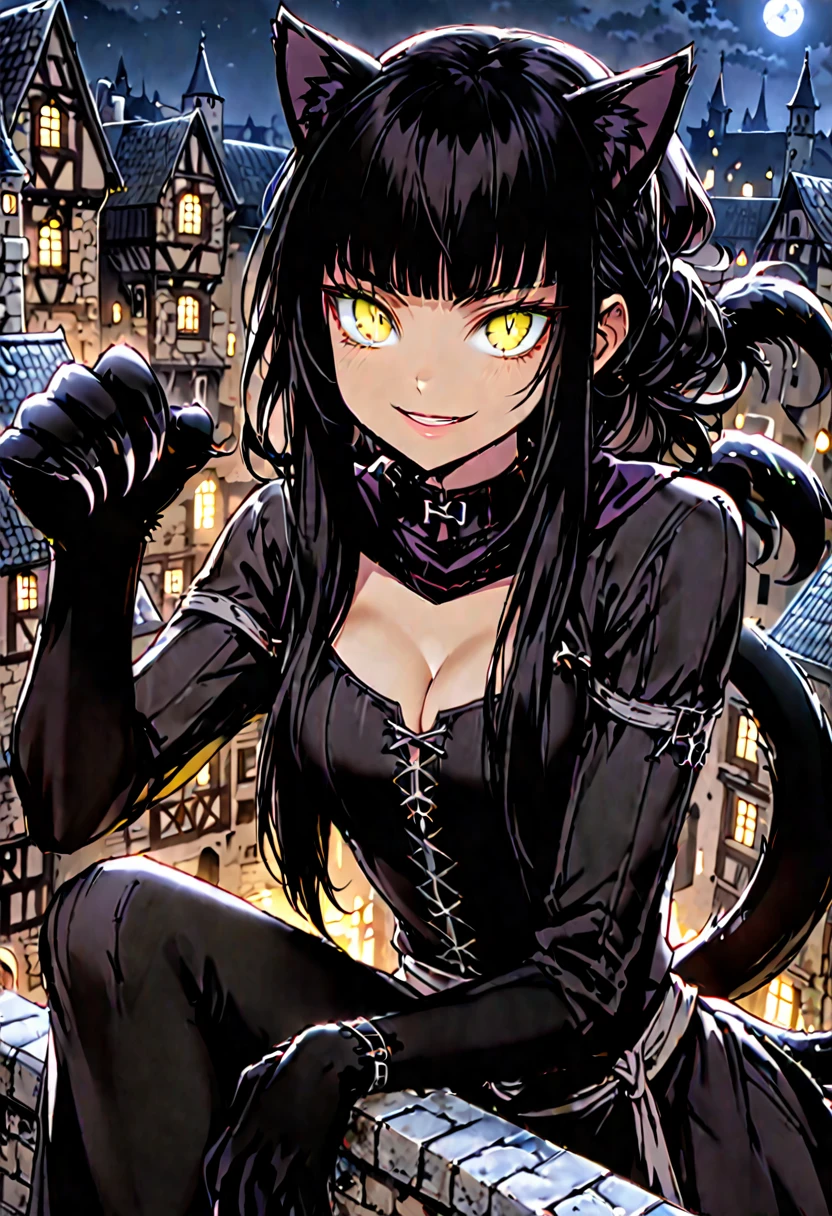 female, sfw, long hair, black hair, straight bangs, black cat ears, black cat tail, furry arms, animal hands, claws, black fur, medieval, cleavage, town, yellow eyes, slit pupils, mischievous smile, light skin, rogue, night, thief clothes, on rooftop, tied hair
