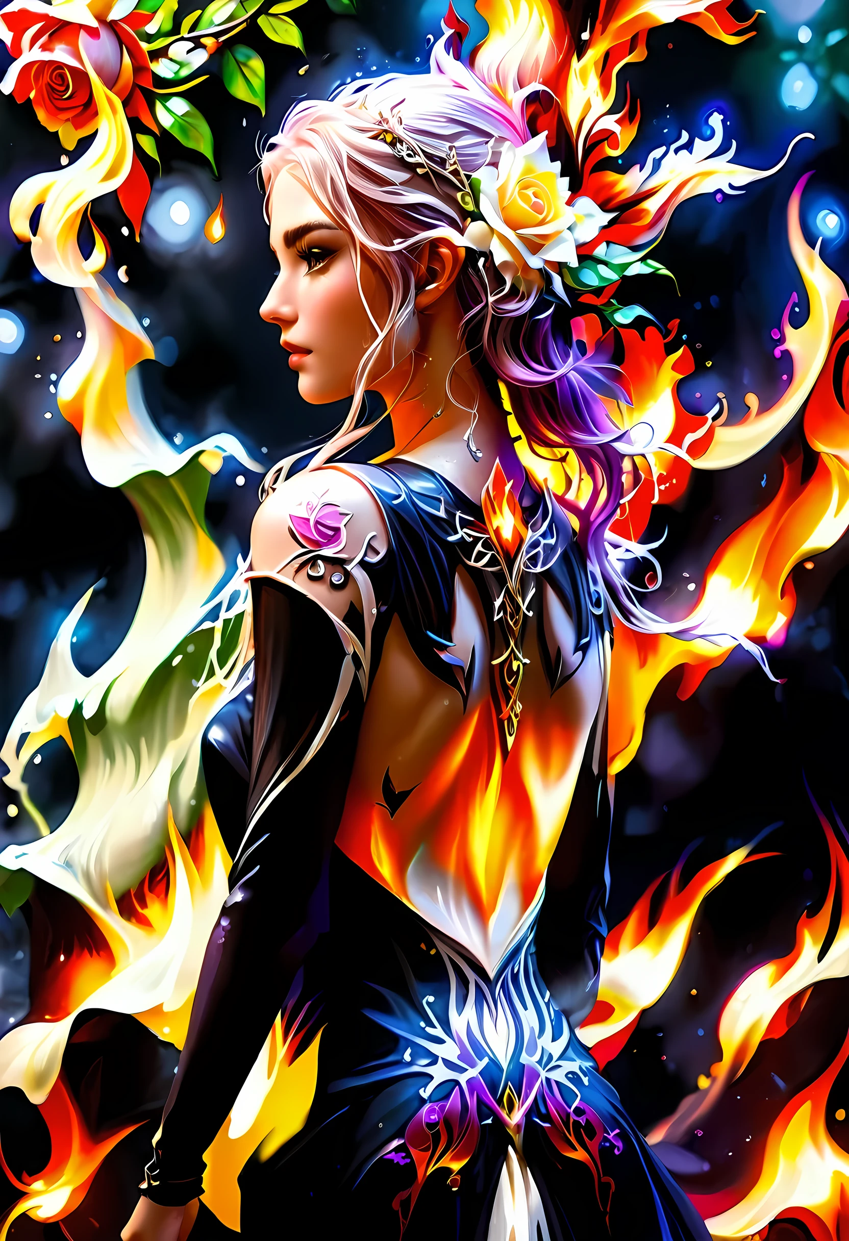 Arafed, Dark fantasy art, fantasy art, goth art, a picture of a tattoo on the back of a female elf, a glowing tattoo of a ((white rose: 1.3)) on the elf's back, the ((rose tattoo)) is vivid, intricate detailed coming to life from the ink to real life, GlowingRunesAI_purple, ((fire surrounds the rose petals: 1.5)), shot taken from the back, ((the back is visible: 1.3), she wears a transparent  black dress, bare back, the dress is elegant, flowing, elven style, that the (tattoos glow: 1.1), dynamic hair color, dynamic hair style, faize,roses, betmd, rpgelf
