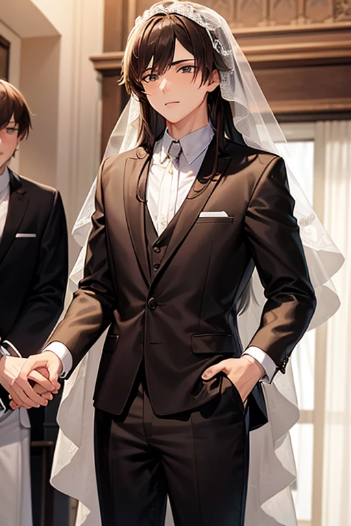 a 20 year old boy with long brown hair (standing) (wedding dress) (getting married)