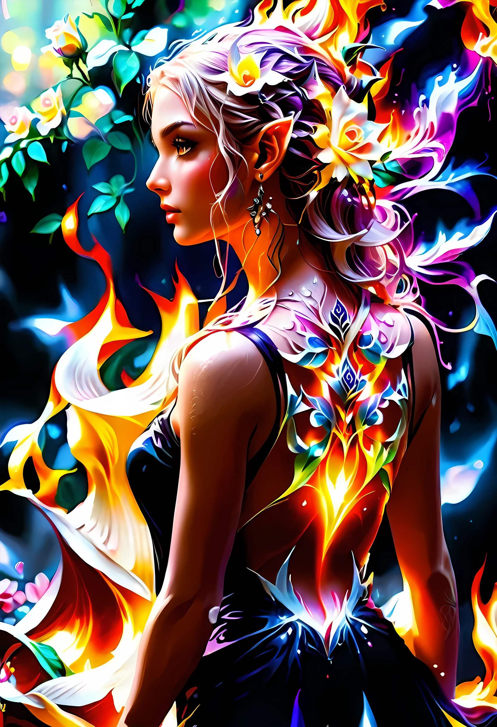 Arafed, Dark fantasy art, fantasy art, goth art, a picture of a tattoo on the back of a female elf, a glowing tattoo of a ((white rose: 1.3)) on the elf's back, the ((rose tattoo)) is vivid, intricate detailed coming to life from the ink to real life, GlowingRunesAI_purple, ((fire surrounds the rose petals: 1.5)), shot taken from the back, ((the back is visible: 1.3), she wears a transparent  black dress, bare back, the dress is elegant, flowing, elven style, that the (tattoos glow: 1.1), dynamic hair color, dynamic hair style, faize,roses, betmd, rpgelf
