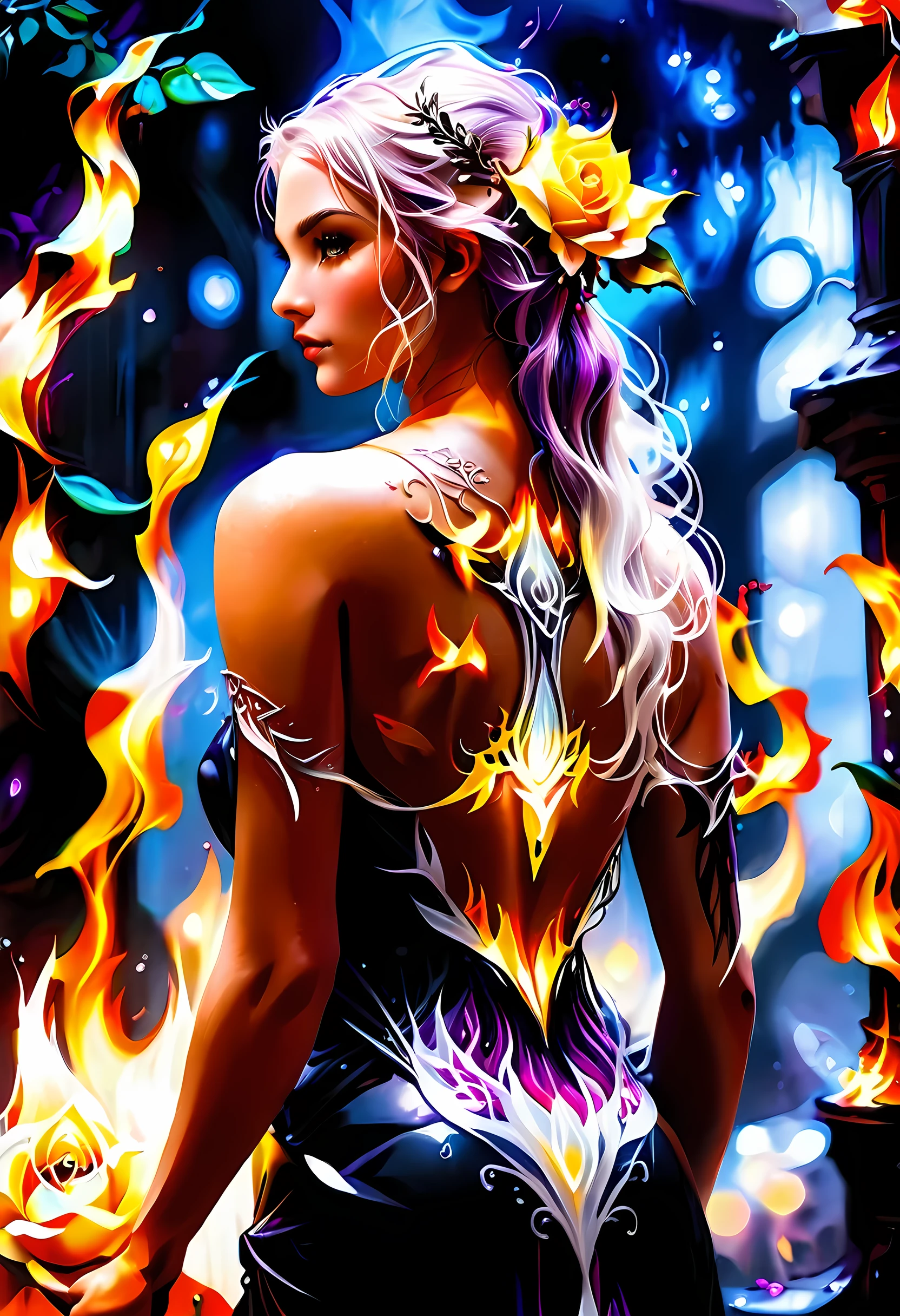 Arafed, Dark fantasy art, fantasy art, goth art, a picture of a tattoo on the back of a female elf, a glowing tattoo of a ((white rose: 1.3)) on the elf's back, the ((rose tattoo)) is vivid, intricate detailed coming to life from the ink to real life, GlowingRunesAI_purple, ((fire surrounds the rose petals: 1.5)), shot taken from the back, ((the back is visible: 1.3), she wears a transparent  black dress, bare back, the dress is elegant, flowing, elven style, that the (tattoos glow: 1.1), dynamic hair color, dynamic hair style, faize,roses, betmd, rpgelf
