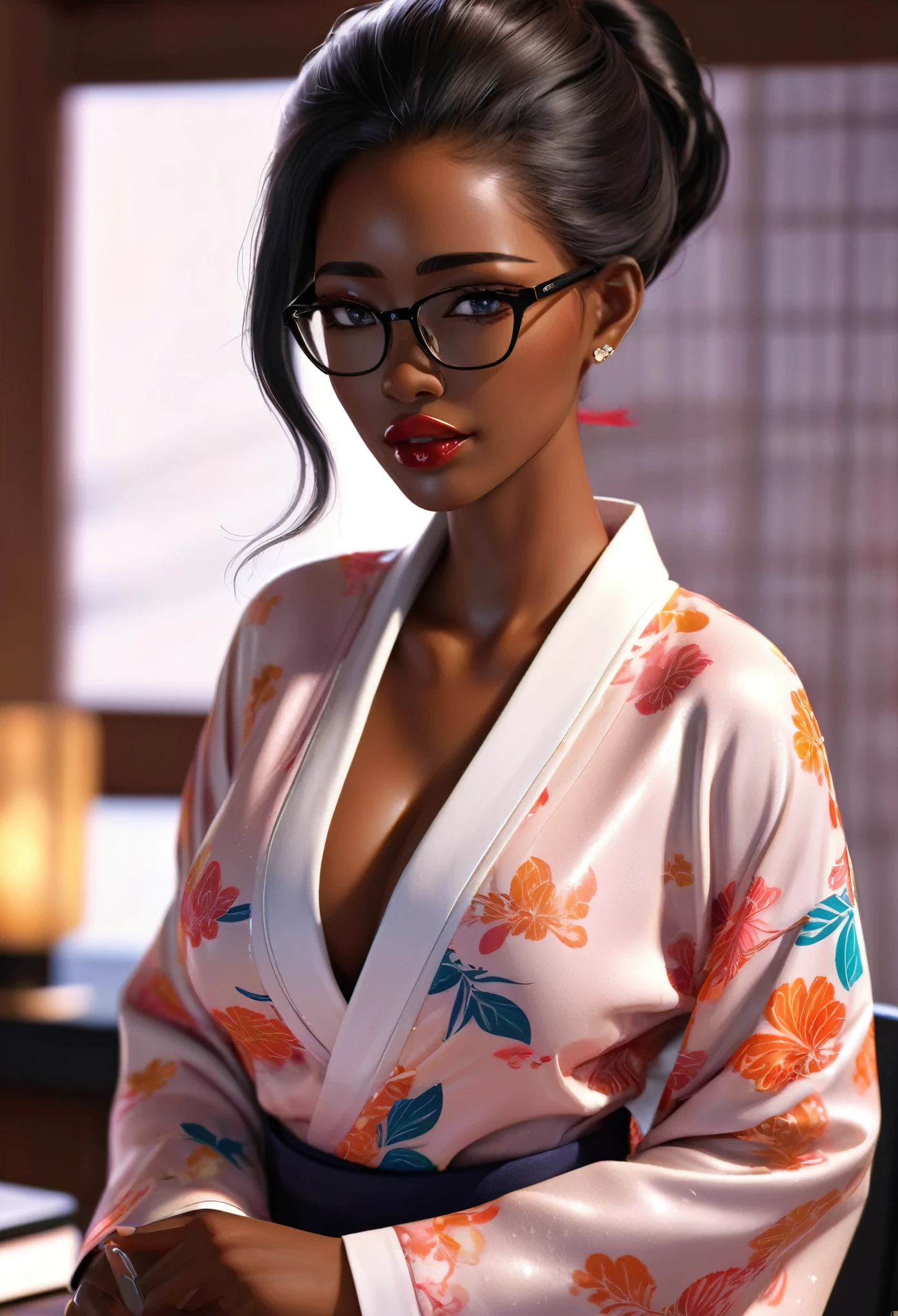 (masterpiece, best quality:1.2),Wavy hair female secretary，Solitary,Wear glasses，Exquisite eyes,Delicate black hair，Charming eye shadow( Black person:1.2)( dark skin:1.2)，african man,( Smooth skin:1.2)( Wear a kimono:1.2)， Slender body proportions，Wet sexy plump lips，Perfect fingers