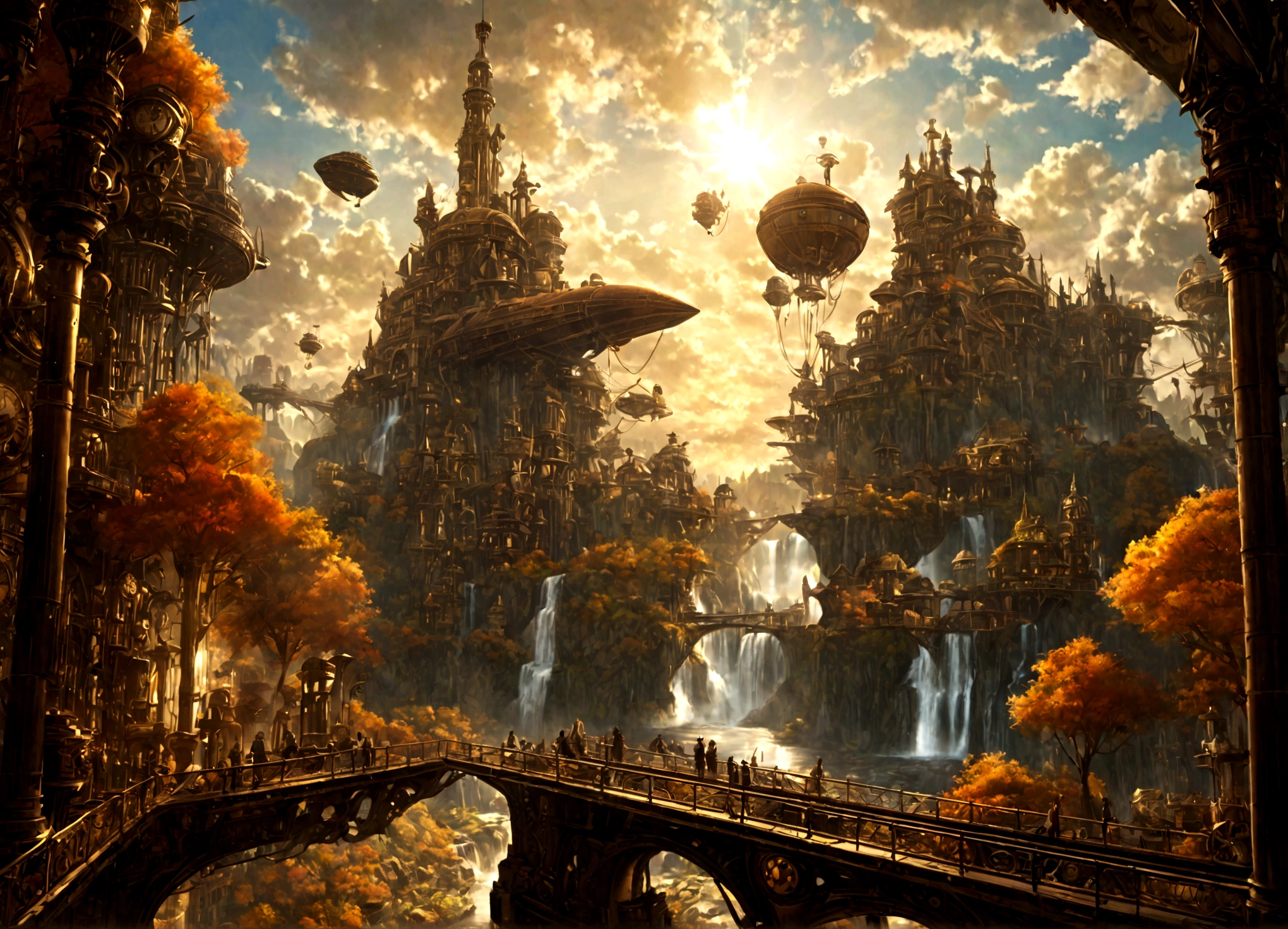 a beautiful steampunk clockwork city, small airships, floating islands, waterfalls, autumn themed forest, detailed architecture, advanced machinery, gears, brass, copper, beautiful sky, sunlight, lens flare, dramatic lighting, intricate details, photorealistic, highly detailed, cinematic, concept art style