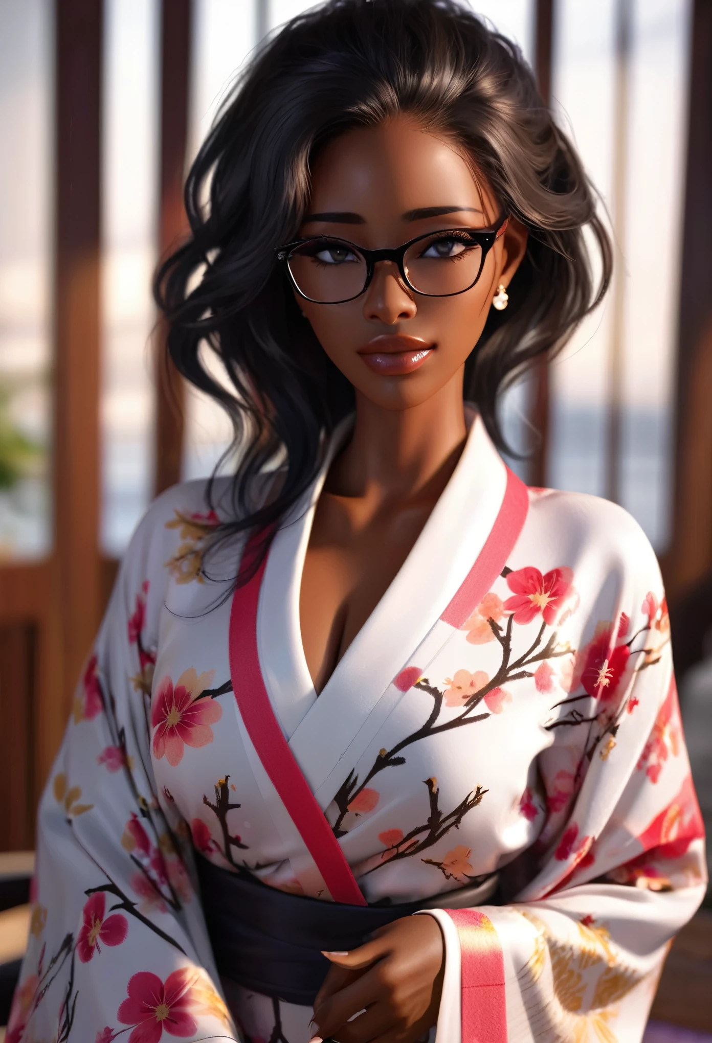 (masterpiece, best quality:1.2),Wavy hair female secretary，Solitary,Wear glasses，Exquisite eyes,Delicate black hair，Charming eye shadow( Black person:1.2)( dark skin:1.2)，african man,( Smooth skin:1.2)( Wear a kimono:1.2)， Slender body proportions，Wet sexy plump lips，Perfect fingers