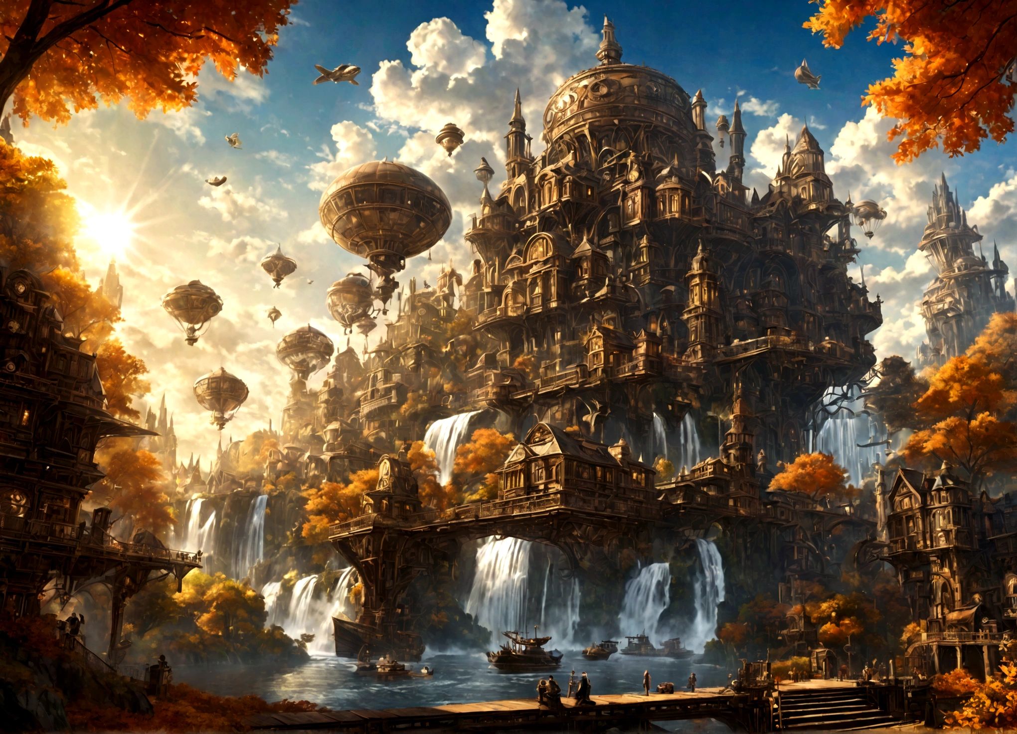 a beautiful steampunk clockwork city, small airships, floating islands, waterfalls, autumn themed forest, detailed architecture, advanced machinery, gears, brass, copper, beautiful sky, sunlight, lens flare, dramatic lighting, intricate details, photorealistic, highly detailed, cinematic, concept art style