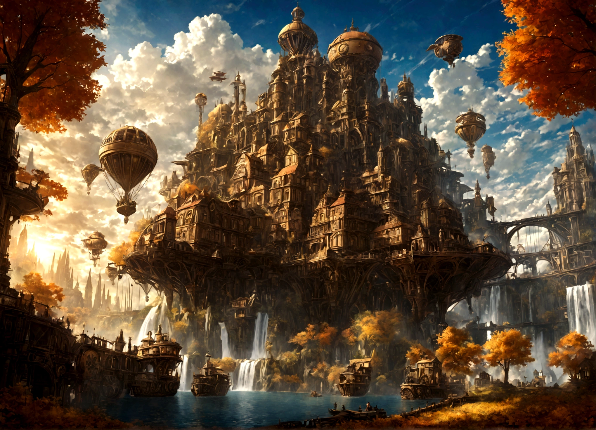 a beautiful steampunk clockwork city, small airships, floating islands, waterfalls, autumn themed forest, detailed architecture, advanced machinery, gears, brass, copper, beautiful sky, sunlight, lens flare, dramatic lighting, intricate details, photorealistic, highly detailed, cinematic, concept art style