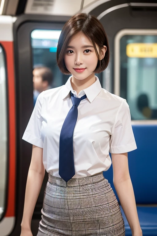 A young woman in a Singapore MRT train at night, wearing a white short-sleeve blouse, plaid tie, and plaid skirt, with a youthful, smooth complexion, beautiful detailed eyes and lips, long eyelashes, a slender figure, and a friendly, approachable smile. She has short hair and a confident, poised demeanor. The background is blurred with a Bokeh effect. (best quality,4k,8k,highres,masterpiece:1.2),ultra-detailed,(realistic,photorealistic,photo-realistic:1.37),HDR,UHD,studio lighting,ultra-fine painting,sharp focus,physically-based rendering,extreme detail description,professional,vivid colors,bokeh