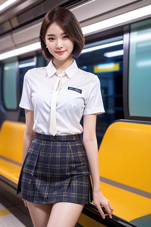 A young woman in a Singapore MRT train at night, wearing a white short-sleeve blouse, plaid tie, and plaid skirt, with a youthful, smooth complexion, beautiful detailed eyes and lips, long eyelashes, a slender figure, and a friendly, approachable smile. She has short hair and a confident, poised demeanor. The background is blurred with a Bokeh effect. (best quality,4k,8k,highres,masterpiece:1.2),ultra-detailed,(realistic,photorealistic,photo-realistic:1.37),HDR,UHD,studio lighting,ultra-fine painting,sharp focus,physically-based rendering,extreme detail description,professional,vivid colors,bokeh