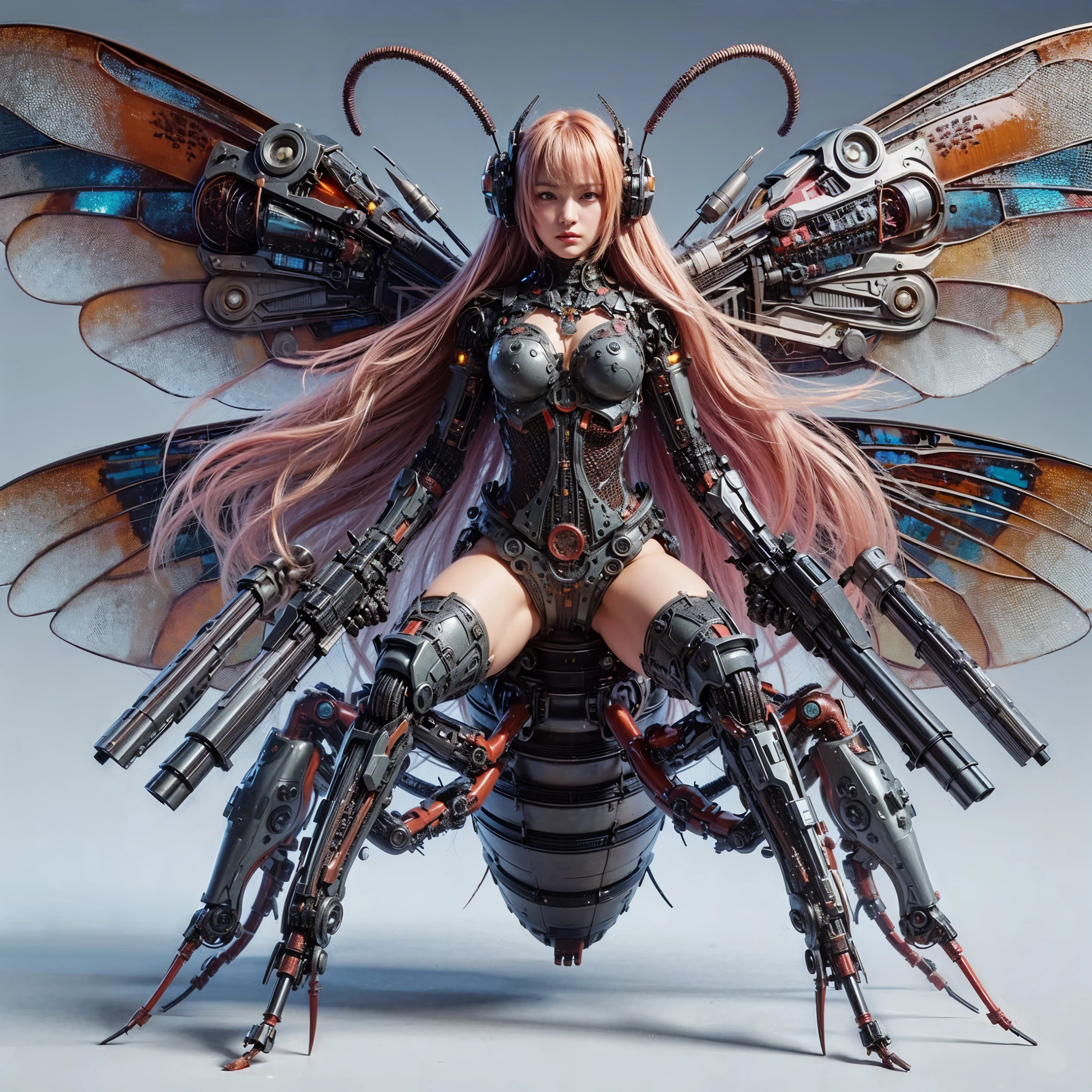 (top-quality:1.2, masterpiece), ultra high res,(Photorealsitic:1.4), (scorpion-like bio animal suit:1.3), heavy weapons,large wings, vivid textures,insect legs, red  hair, glowy skin, fur,japanese girl beautiful face,  ((super realistic intricate details)), full body shot, globalillumination, octan render, ultrasharp, character edge light, Details of complex ornaments, Acrylic Clear Cover, Hydraulic cylinder
