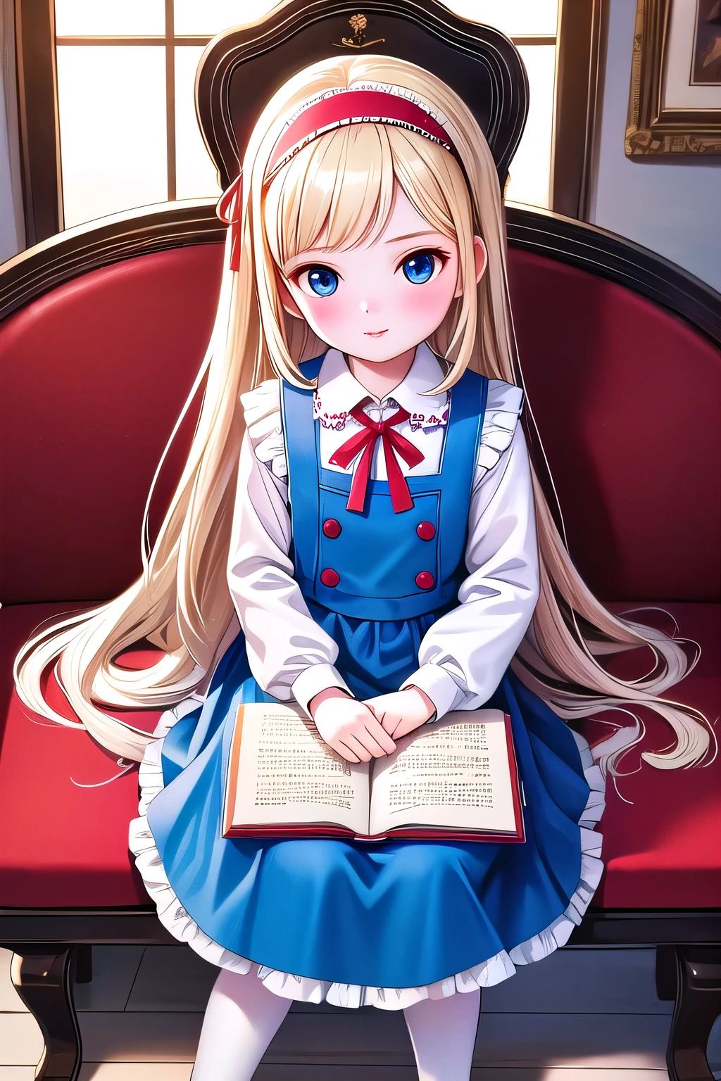 (masterpiece), (best quality), illustration, Super detailed, HDR, Depth of Field, (rich and colorful), ,alice margotroyd,1 Girl,Solitary,long hair,Blonde Hair,white Pantyhose,sit,Headband,looking at the audience,Pantyhose,red Headband,indoors,skirt,shirt,Ruffles,Long sleeve,Bangs,Book,white shirt,blush,flower,very long hair,lamp,bow,blue eyes,Feet out of frame,blue skirt,Ribbon,blue bow,Keep,Chair,skirt,bowtie,blue skirt,neck Ribbon,Puff sleeves,Shut up,picture frame, (Purpose),bench,collared shirt,cup,frilled skirt,picture (Purpose),pinafore skirt,Knitted doll