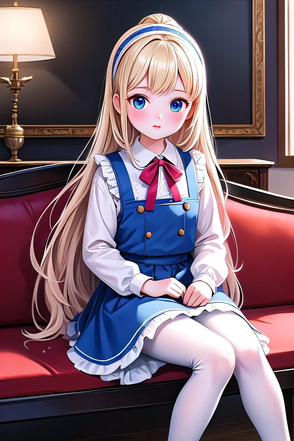 (masterpiece), (best quality), illustration, Super detailed, HDR, Depth of Field, (rich and colorful), ,alice margotroyd,1 Girl,Solitary,long hair,Blonde Hair,white Pantyhose,sit,Headband,looking at the audience,Pantyhose,red Headband,indoors,skirt,shirt,Ruffles,Long sleeve,Bangs,Book,white shirt,blush,flower,very long hair,lamp,bow,blue eyes,Feet out of frame,blue skirt,Ribbon,blue bow,Keep,Chair,skirt,bowtie,blue skirt,neck Ribbon,Puff sleeves,Shut up,picture frame, (Purpose),bench,collared shirt,cup,frilled skirt,picture (Purpose),pinafore skirt,Knitted doll