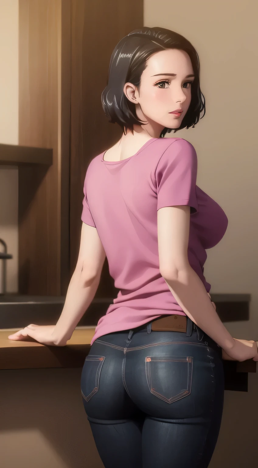 (best quality:1.3), (4k quality),(sharp image), Yoshino, ((Detailed face)), ((masterpiece face)),((perfect detailed eyes)) (blush), Yoshino, black hair, (short black hair), brown eyes, pink lips, pink lips, sly face, face with stern features, ((detailed face)), perfect face, highly detailed eyes, ((adult face)), masterpiece, absurdres , (intricate details), (colorful),cinematic lighting, extremely detailed CG unity 8k wallpaper , 1girl, solo, mature female, erected tits, fit body, cameltoe, red t-shirt, tight blue jeans with belt, at the kitchen, shy smile, ((perfect erected small breast)), fit slim body, ((( leaning on the table and showing her ass)))(((from behind)))