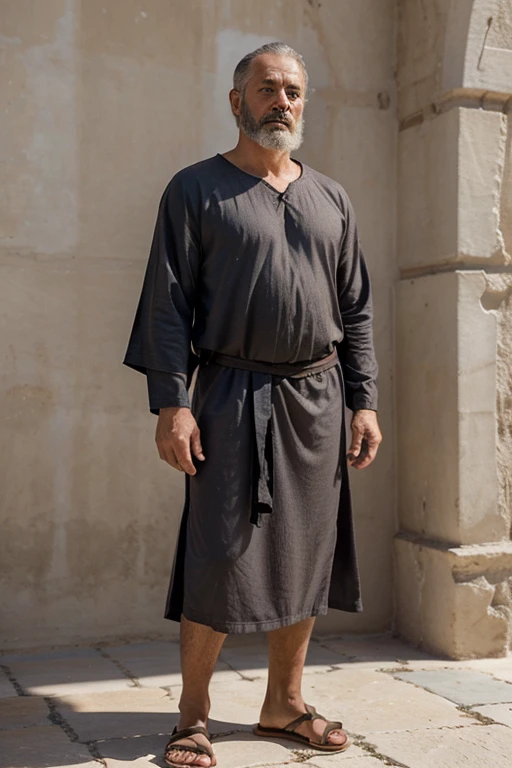 Enoch is often imagined as a middle-aged man with an athletic build and a serene, wise expression. He has graying hair and beard, wearing a simple tunic and sandals, representing his pious and dedicated life.