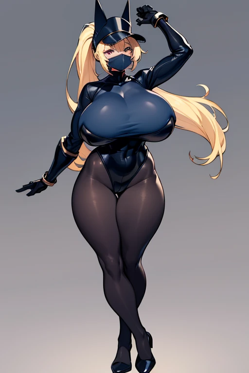 wide hips, full body, standing, black leotard, curvy, huge breasts, black bodysuit, blonde hair, ponytail hairstyle, gauntlets, dark blue Pantyhose, Boonie hat, eyemask