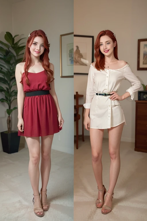 1 Red-haired girl with fair skin, green eyes, smiling, almost red hair, ((best quality)), ((Work of art)), ((full body)), (detailed), symmetrical human physiognomy, perfect face, facial symmetry, Greek features, photo 9x16