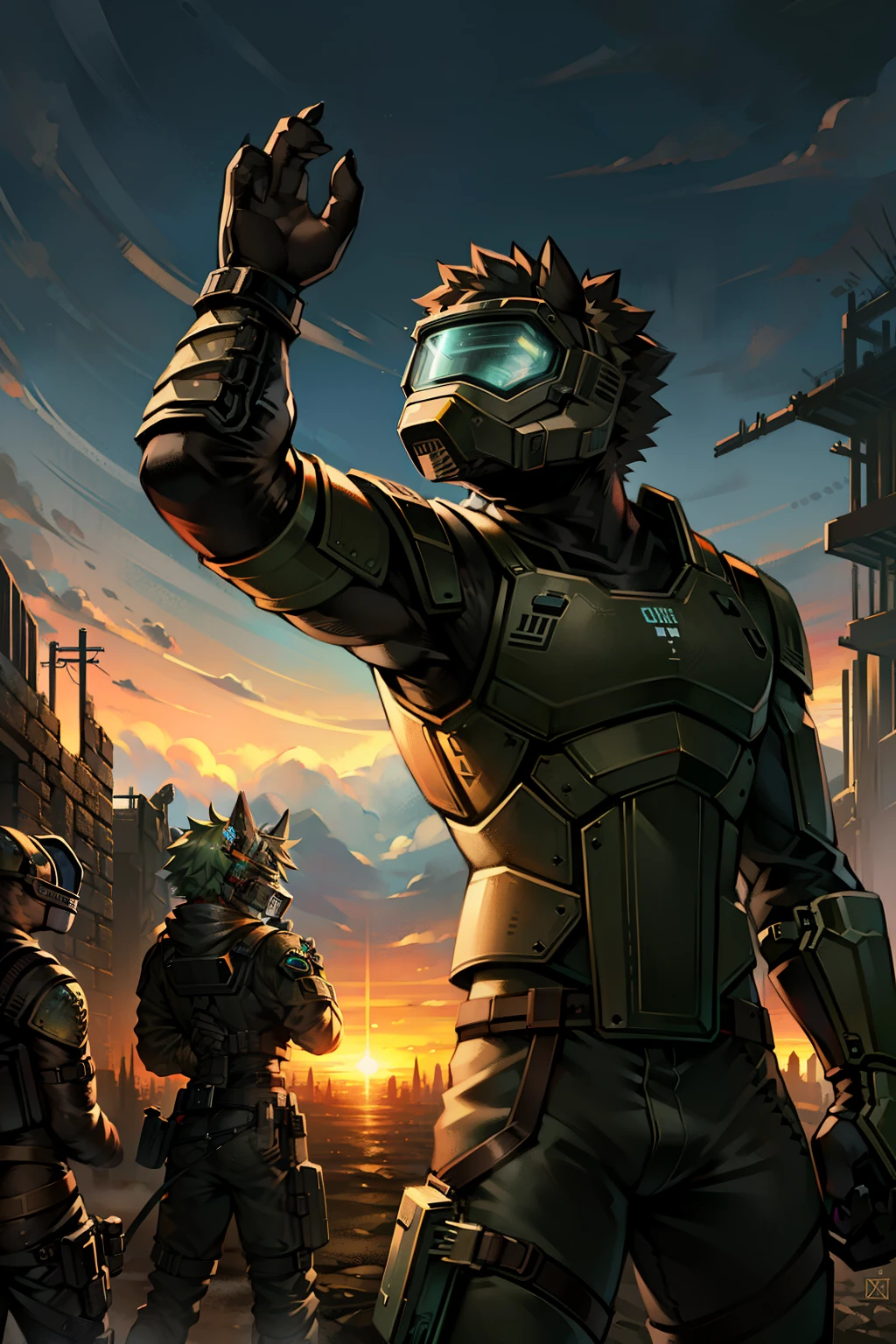 Post-Apocalyptic Masterpiece, High Quality, Detailed Depth, Fallout Universe, X01 Power Armor, Worn-out Clothing, Commoner, Dark Metal, Grungy Patina, Outdoor Wasteland, Sunset Glow, (Anatomy Correct: 1.1), (Lines of Movement: 1.1), Helmeted Figure, (Energetic Adult: 1.4), (Rules the Wasteland: 1.2), (Deep in Ruins: 1.2), (Two Fingers Up: 1.1), (Slightly Open Visor: 1.2), (Rough sigloid