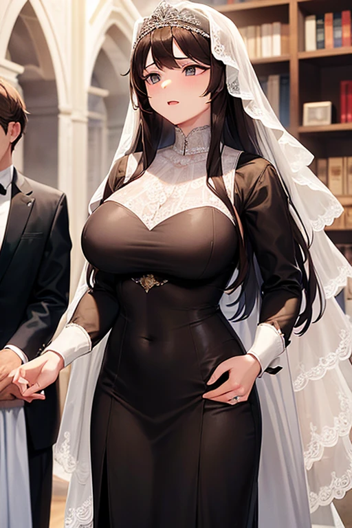 a 20 year old girl with long brown hair (standing) (wedding dress) (touching her breast) (shocked) (getting married)