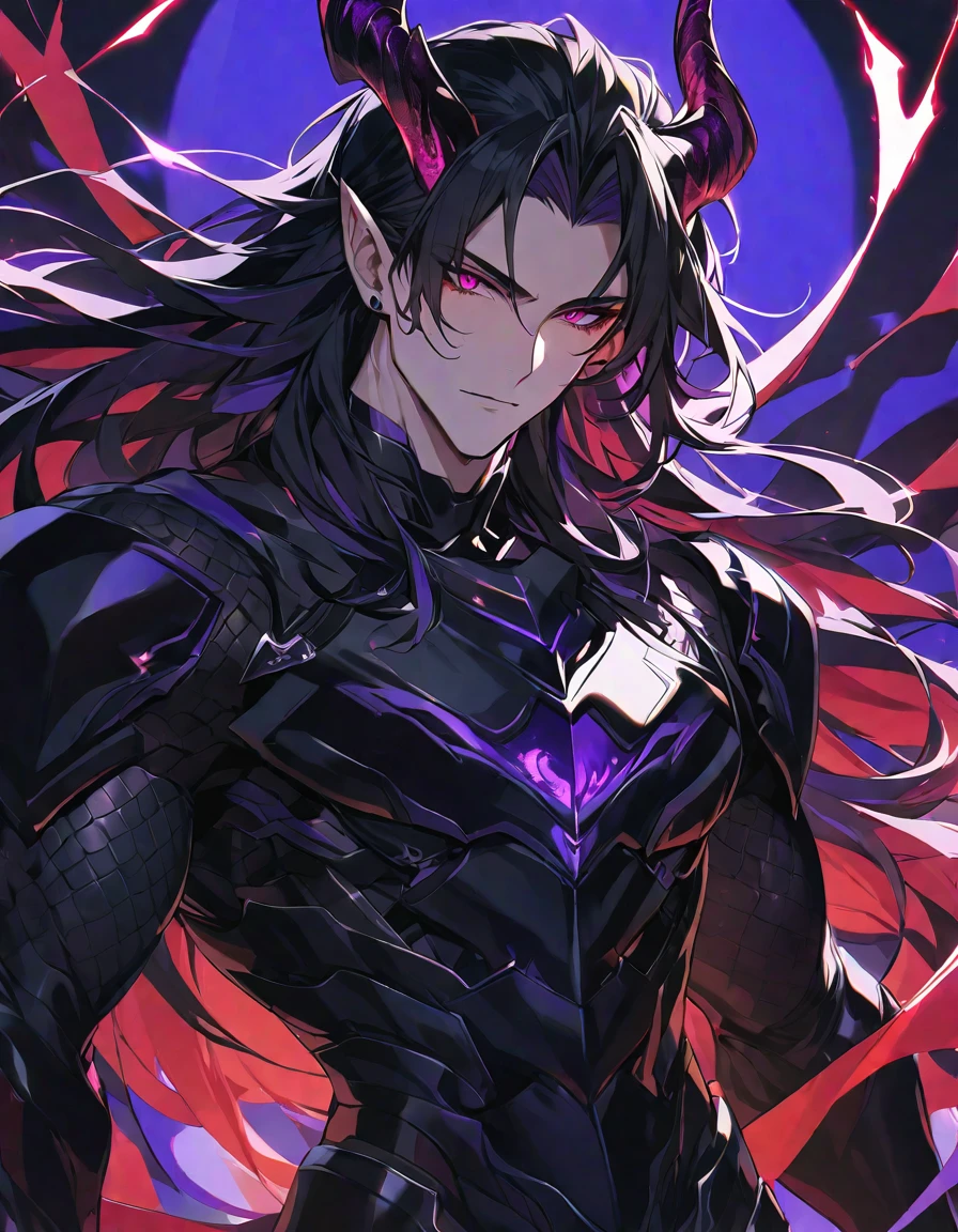 One, handsome, 1 man, with a sporty body, V-shaped body, black detailed armor with glowing purple details, black demonic horns, long hair, black hair, purple with red tones of reptile eyes, purple threads, black light