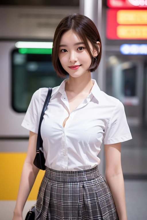 A young woman in a Singapore MRT train at night, wearing a white short-sleeve blouse, plaid tie, and plaid skirt, with a youthful, smooth complexion, beautiful detailed eyes and lips, long eyelashes, a slender figure, and a friendly, approachable smile. She has short hair and a confident, poised demeanor. The background is blurred with a Bokeh effect. (best quality,4k,8k,highres,masterpiece:1.2),ultra-detailed,(realistic,photorealistic,photo-realistic:1.37),HDR,UHD,studio lighting,ultra-fine painting,sharp focus,physically-based rendering,extreme detail description,professional,vivid colors,bokeh
