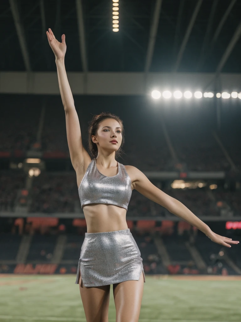 ((professional cheerleaders)), ((squad)), ((uniform)), ((stadium)), ((big tits)), ((big ass)), ((long legs)), ((upskirt)), ((fit)), ((toned)), ((full body)), ((random poses)), ((visible nipples and cameltoe)), professional photography, detailed skin, realistic, photo-realistic, 8k, highly detailed, (full length frame, high detail Raw color art, piercing, diffused soft lighting, shallow depth of field, sharp focus, hyperrealism, cinematic lighting,