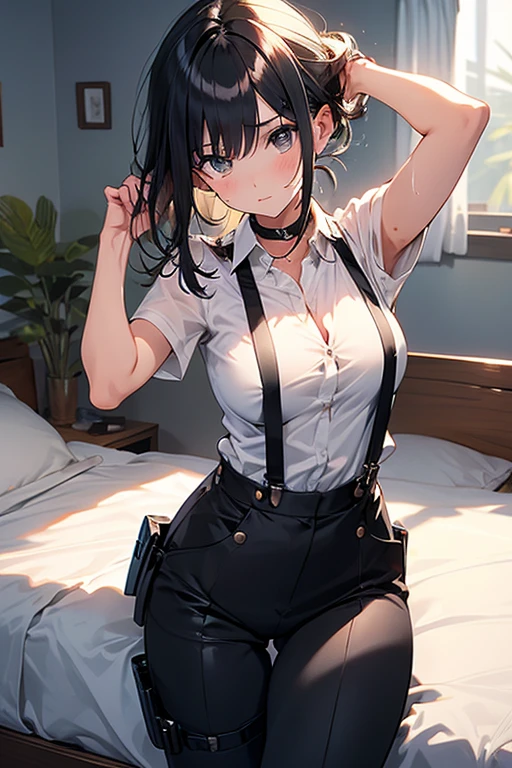 hair、Staring at the audience　　　Black suspenders　　　bulging big breasts　　 　 　　　wall: 　Black pantsuit　　　　　　sight　　　Small face　 　　　holster　　　Beautiful woman　　Show your hand　　 Lying in bed　　sight 　　Taunt　side　side sweat 　arm　Dress shirt　belt　summer　Armpit sweat