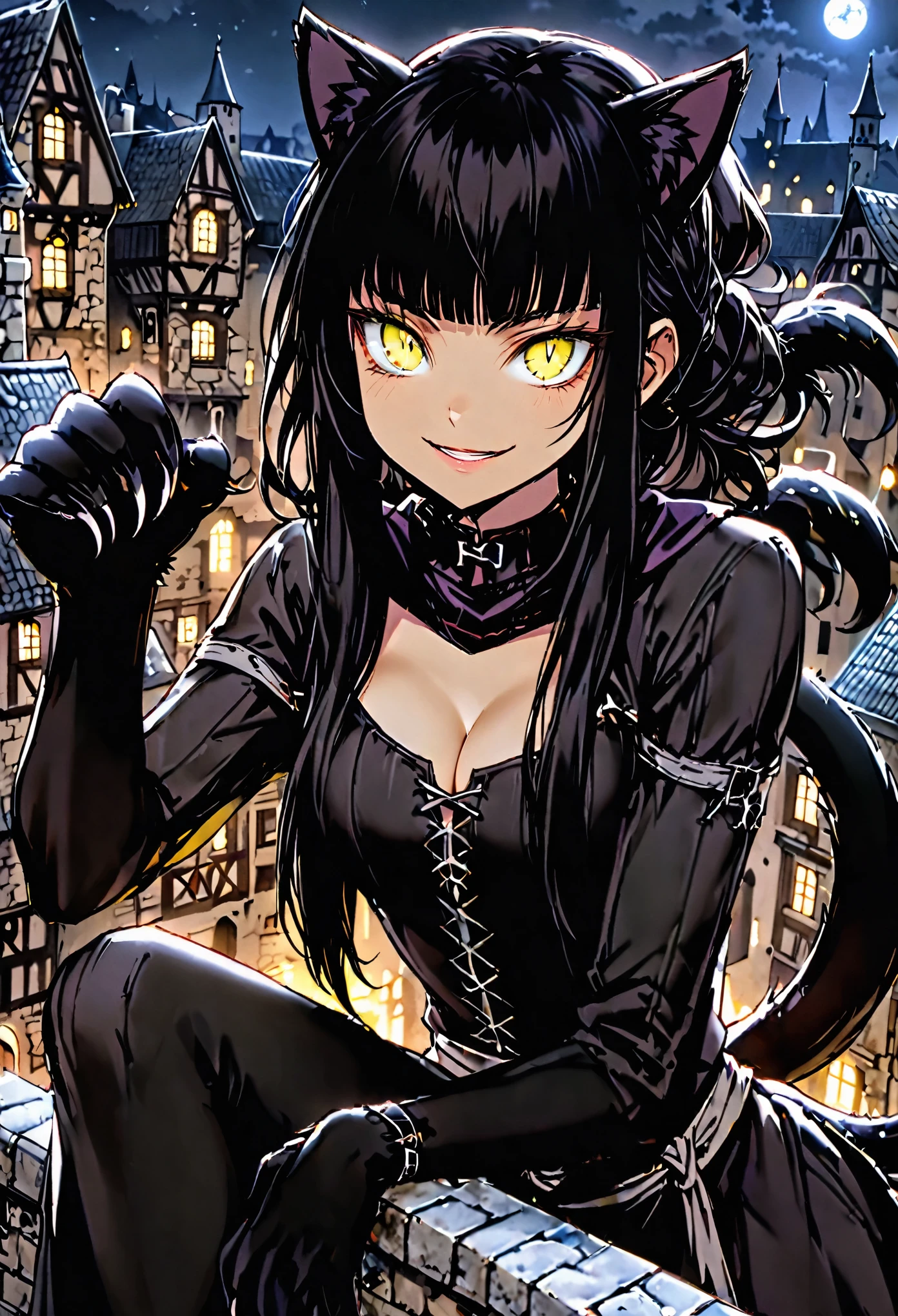 female, sfw, long hair, black hair, straight bangs, black cat ears, black cat tail, furry arms, animal hands, claws, black fur, medieval, cleavage, town, yellow eyes, slit pupils, mischievous smile, light skin, rogue, night, thief clothes, on rooftop, tied hair