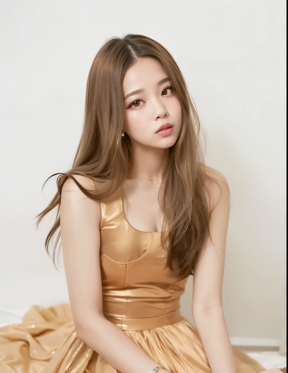 mulher de araffe em um vestido dourado sentado em uma cama, Retrato Jisoo Blackpink, jennie blackpink, Parque Roseanne do Blackpink, jisoo do blackpink, jossi do blackpink, Retrato de Jossi de Blackpink, Jisoo do Blackpink, cabelo bege, cabelos longos de cor castanha, longos cabelos cinzas, cabelos acinzentados loiros cinzas, Portrait of female Korean idol, tonalidade amarela ligeira