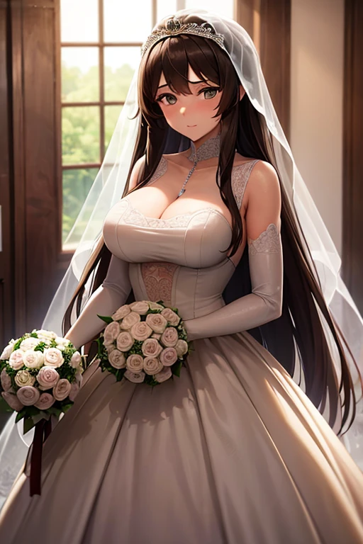 a 20 year old girl with long brown hair (standing) (wedding dress) (touching her breast) (slimeing) (getting married)
