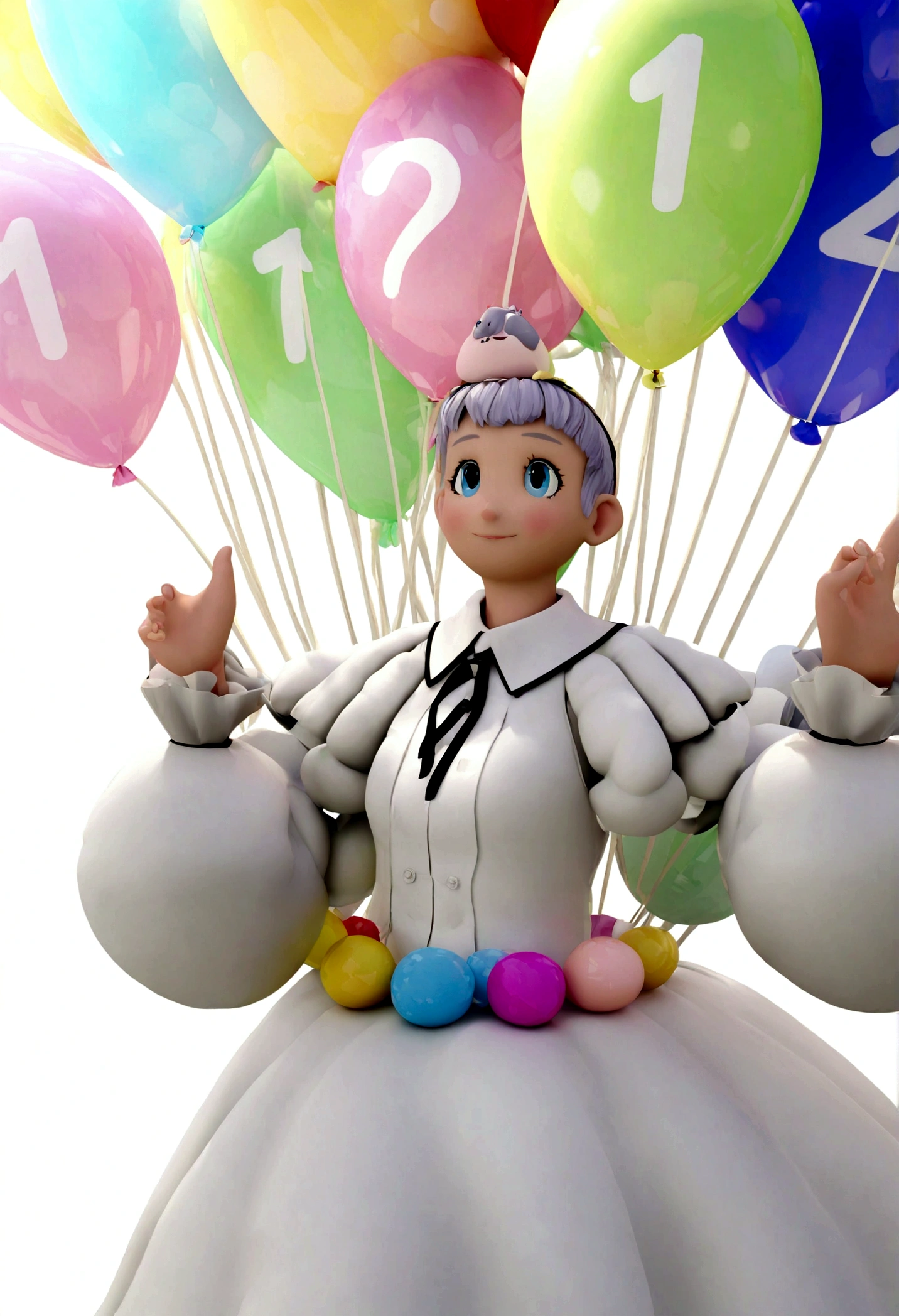 um garotoa feliz e fofa que acabou de completar 1 ano com cabelo curto, vestindo um vestido branco com bolas coloridas, , white background with party balloons and a big balloon with the number 1, the , Sophia, Estilo Pixar, ....3d, desenhos animados, rosto detalhado, asymmetric 16k