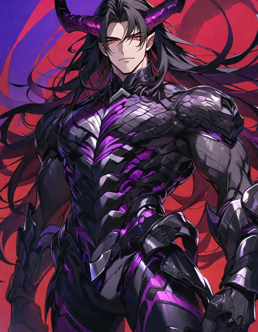 One, handsome, 1 man, with a sporty body, V-shaped body, black detailed armor with glowing purple details, black demonic horns, long hair, black hair, purple with red tones of reptile eyes, purple threads, black light