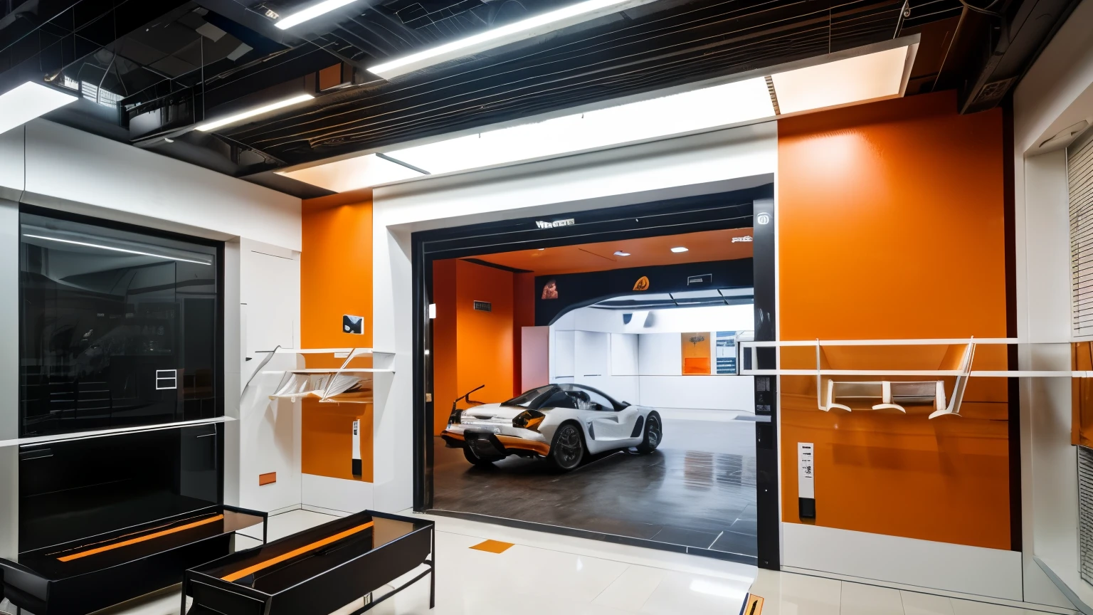 ((melhor qualidade)), ((Obra de arte)), (detalhado) Crie um ambiente sci-fi com um design moderno, hard surface, is a medical sector on a futuristic basis, It has a predominant white color with some orange details and markings
