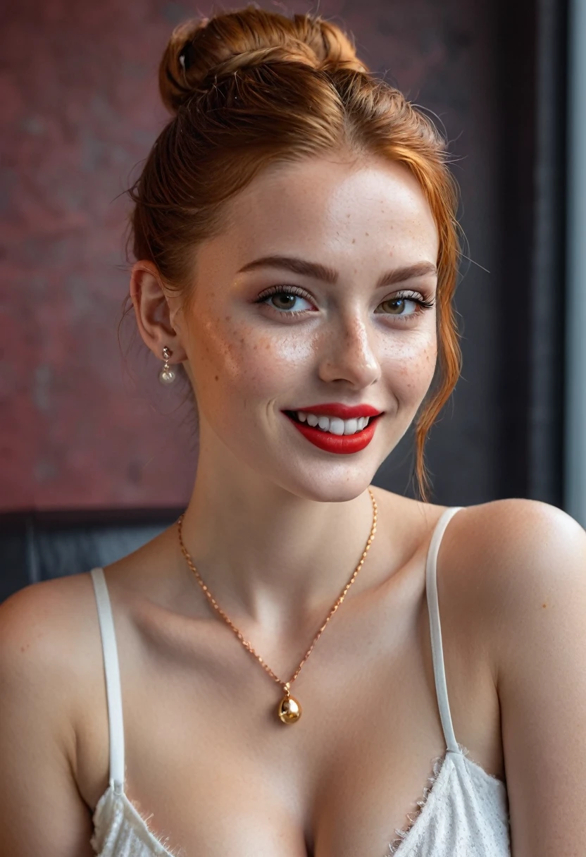 hyperrealistic beautiful busty 20-year-old woman with long legs wearing tiny glossy bandeau bikini, model shooting full body photography, natural redhead classic bun, freckles, soaky wet skin, dark eye makeup with eyeliner, seductive smile, red lips, small necklace, 8K, Best quality, Meisterwerk, ultra high resolution, (Realismus: 1.4), Originalfoto, (realistische Hautstruktur: 1.3), (Filmkorn: 1.3), (Selfie-Winkel), 1 girl, Beautiful round hazel eyes and facial details, Meisterwerk, Best quality, indoor photography in front of a shiny leather wall, nsfw