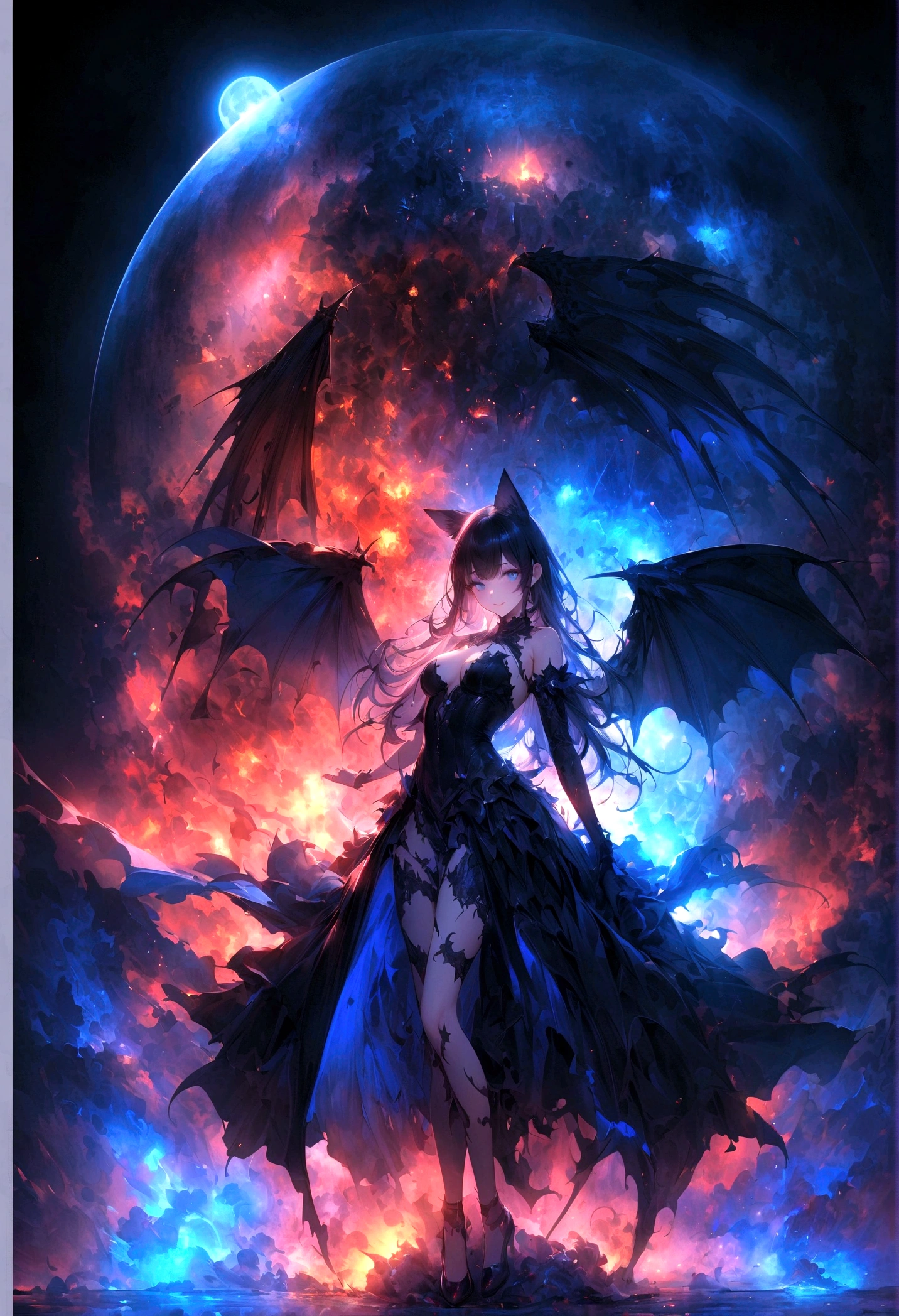 Succubus、Black Wings、Black Crown、girl、whole body、Black Hair、Cute black cat ears、Beautiful blue eyes、Black Crown、Black and blue vampire wings、Glare、Also々funny Face、beautiful、blue Moon、Lots of blue light、Fantasy black cat，AmbiLight，The colors are vibrant and bright，Black background，mist，Detailed Description，Rich details，An explosion of imagination，Surreal，Ultra-realistic，masterpiece，8k，Light，Tyndall effect