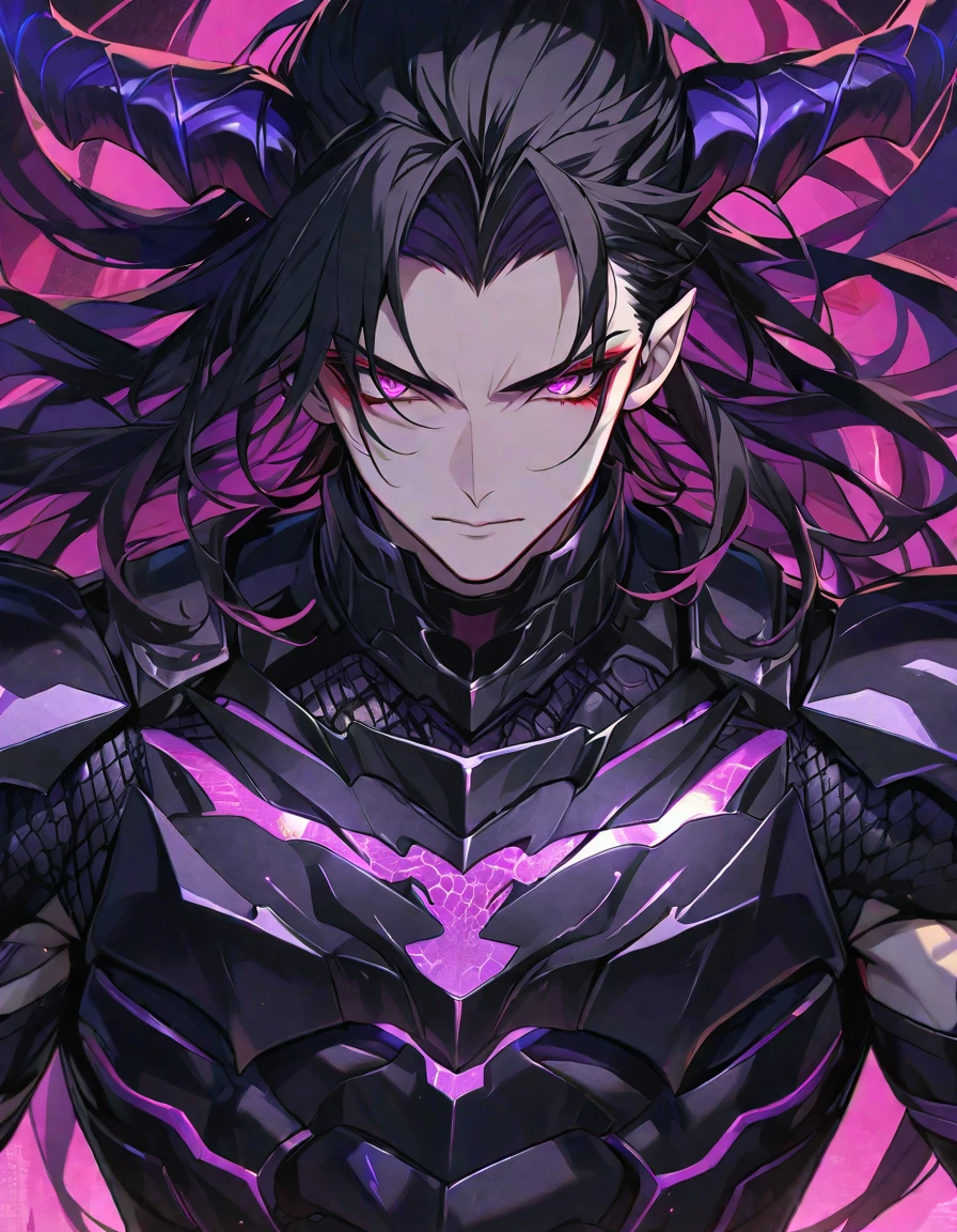 One, handsome, 1 man, with a sporty body, V-shaped body, black detailed armor with glowing purple details, black demonic horns, long hair, black hair, purple with red tones of reptile eyes, purple threads, black light