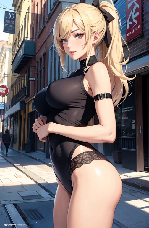 masterpiece, best quality, best lighting, shadows, perfect anatomy, 1 girl, adult anime girl, 21 years old, mature features, pretty face, pretty lips, pretty eyes, blond hair, ponytail style, black eyes, seductive eyes, blushing, flirty, pretty smile, tight black short , red tight top, street background, ass, breast, thighs, seductive, spicy, hot, flirty, nsfw,