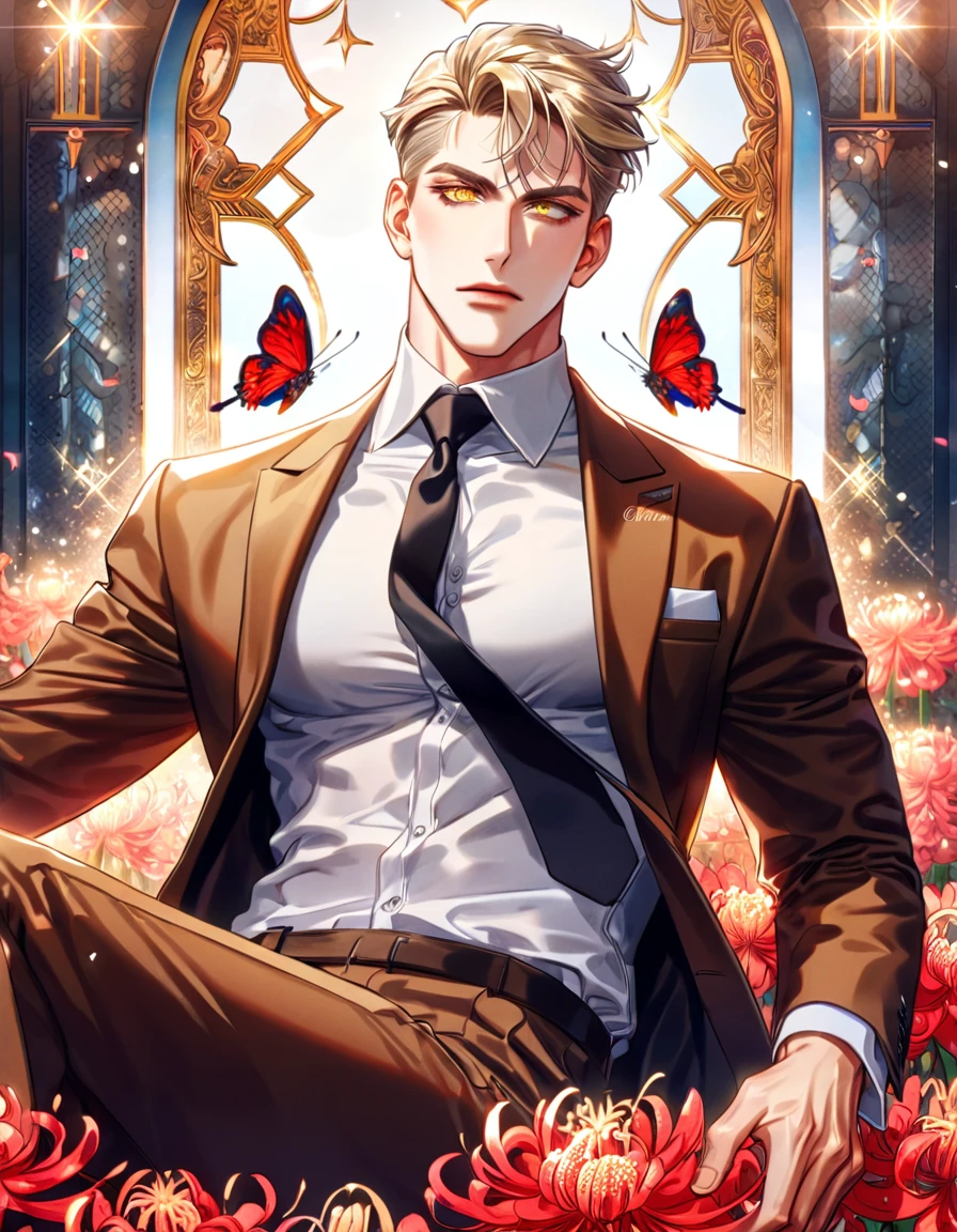 (absurdres, highres, ultra detailed, HDR) master piece, best quality, Sung Hyunjae, ash-blonde hair, expressive yellow eyes, blonde eyelashes, The S Classes That I Raised, solo, man, handsome, toned chest, brown jacket, white shirt, black necktie, sitting, magical fantasy, red butterflies, glittering, sparkling, red spider lilies, petals, radiant