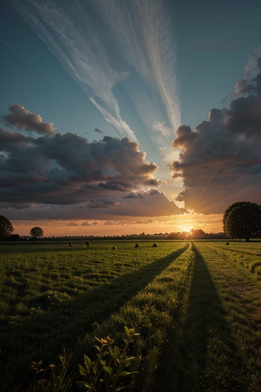 Green field at sunset, celestial light.