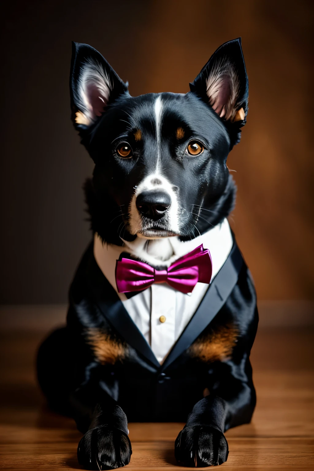 A well-groomed, middle-aged dog, donning a formally tailored miniature suit, complete with a bow tie and polished shoes. With a playful stare, the dog sits poised, as if attending a high society event. The photograph, a masterpiece in itself, is taken with a Canon EOS 5D Mark IV, capturing the dog's charming demeanor in 4K Ultra High Definition. The scene is lit by natural light, casting soft and warm tones over the dog's sleek coat. The image, full of detail and realism, has been post-processed in Adobe Lightroom and Photoshop, enhancing the vibrant colors and